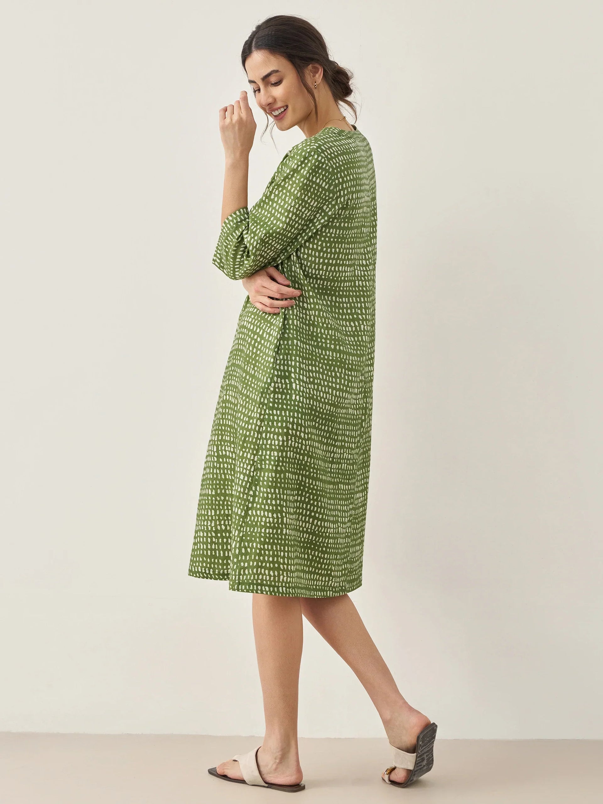 100% Linen V-Neck Dot Midi Dress LIRA