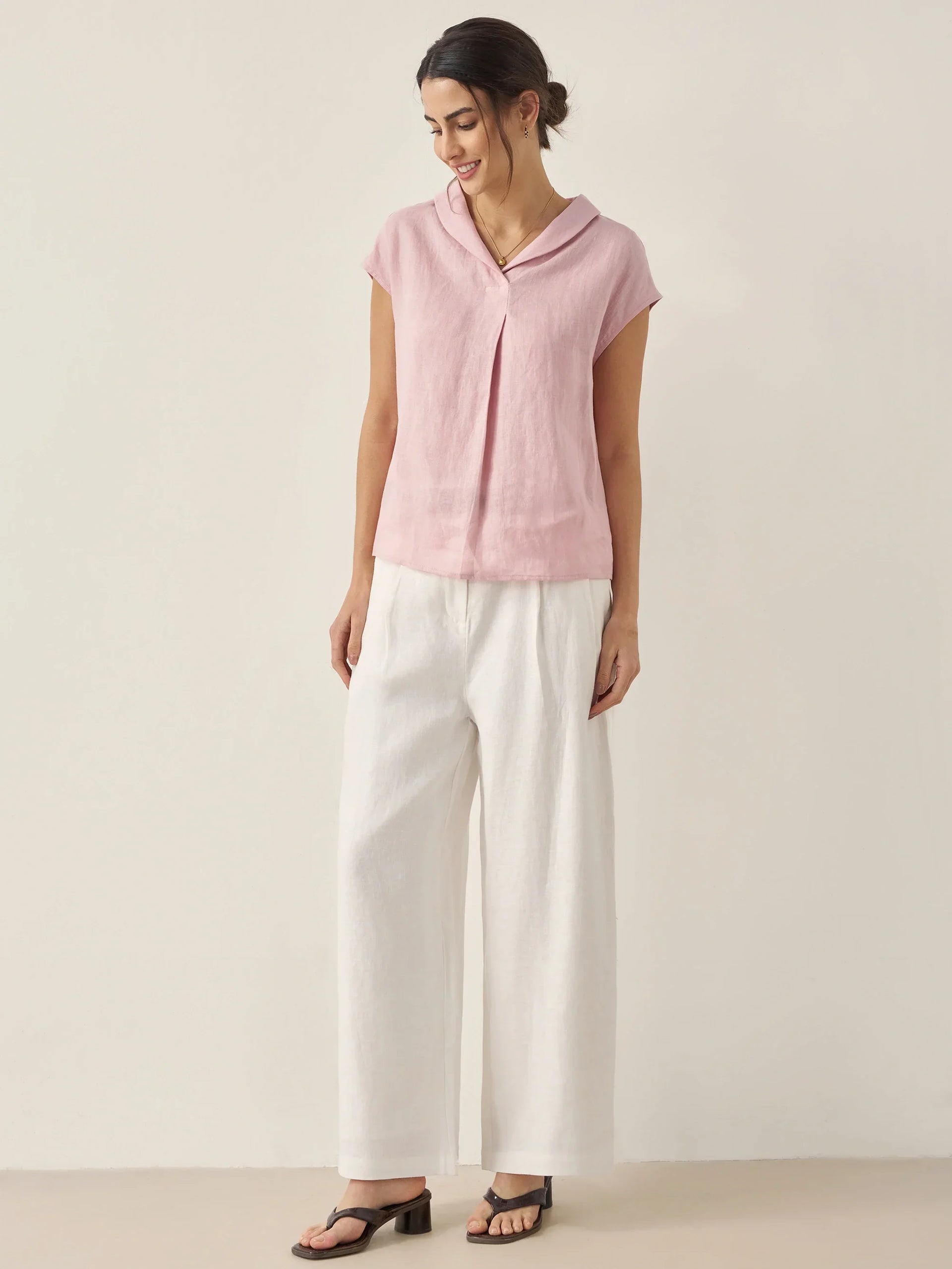 100% Linen Shawl V-Neck Cap Sleeves Top ELARA