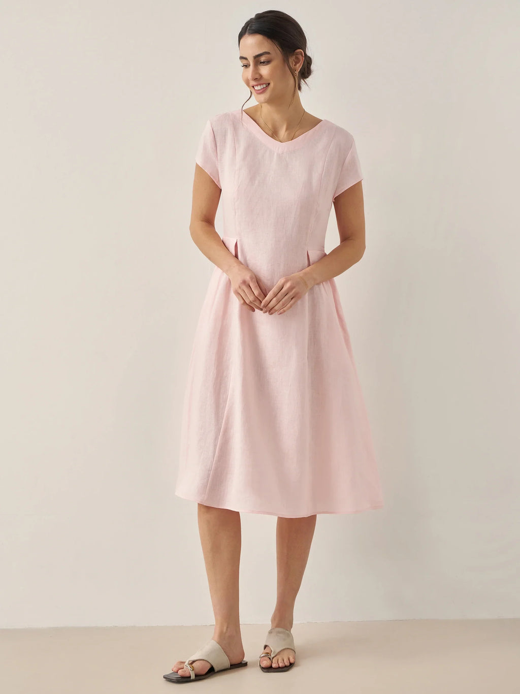 100% Linen Natural Summer V-Neck Dress ALEXA