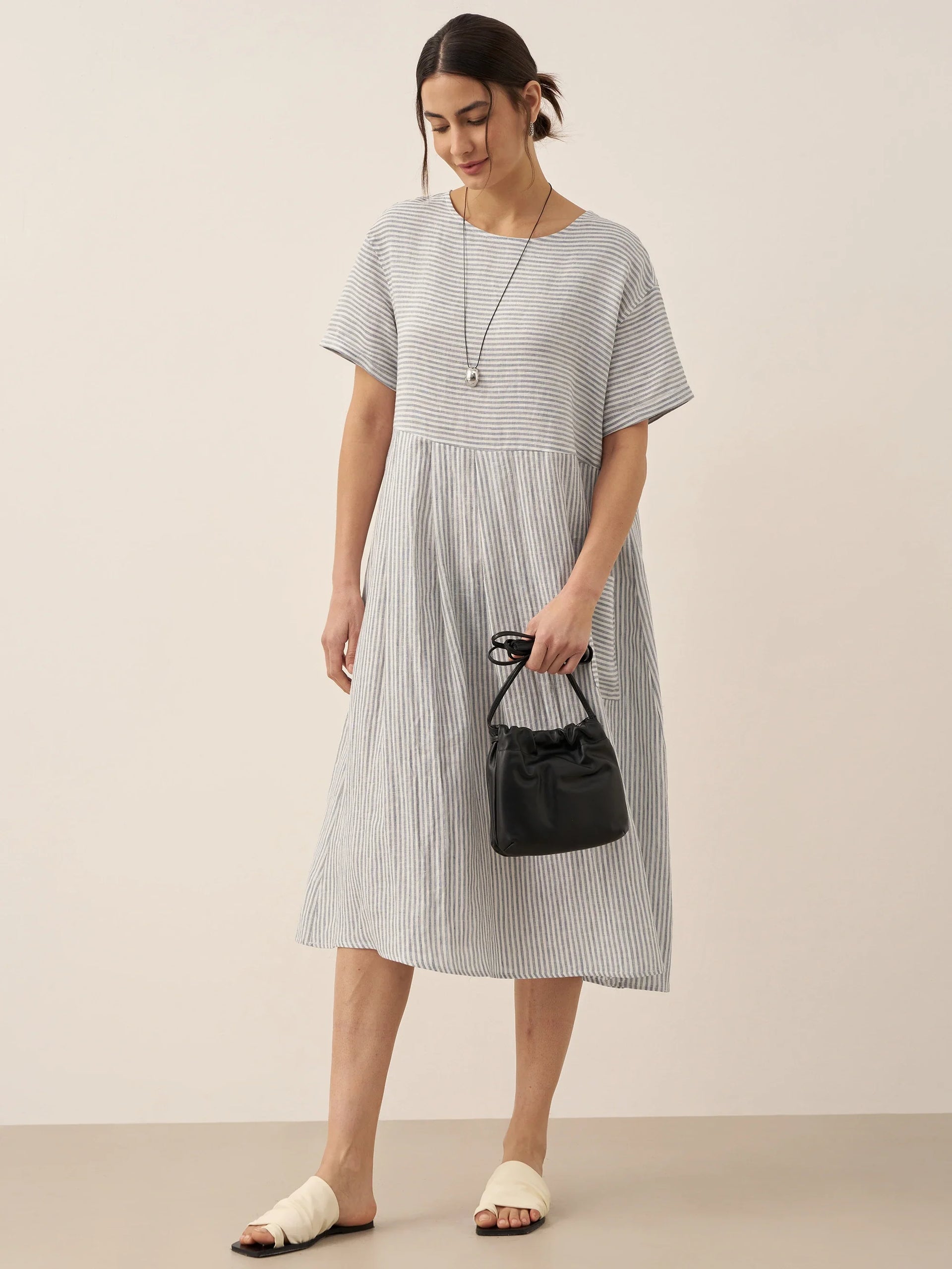 100% Linen Pinstripe Paneled Short-Sleeved Dress MORGAN