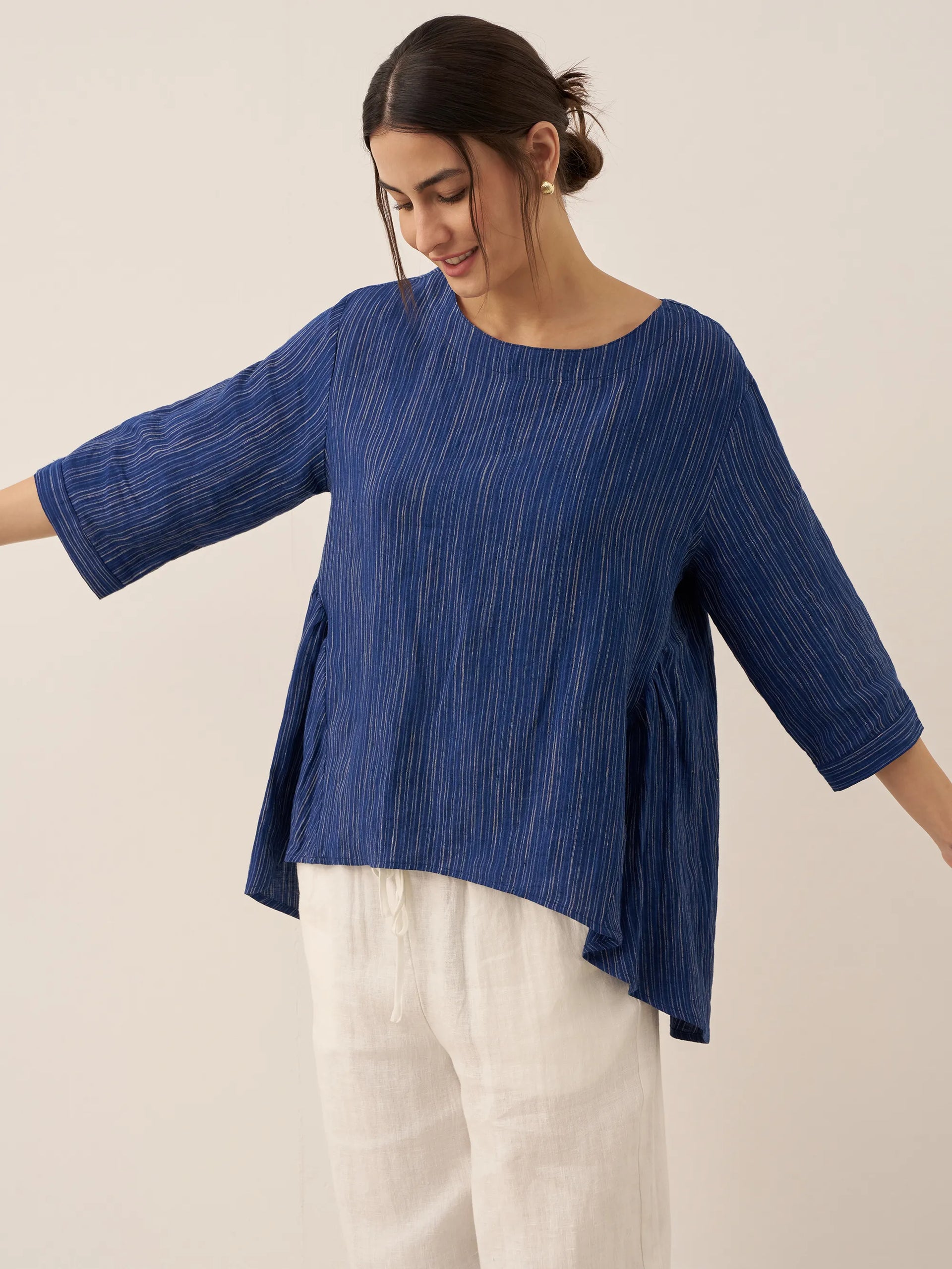 100% Linen Round Neck Artistic Stripe Top FLORENCE