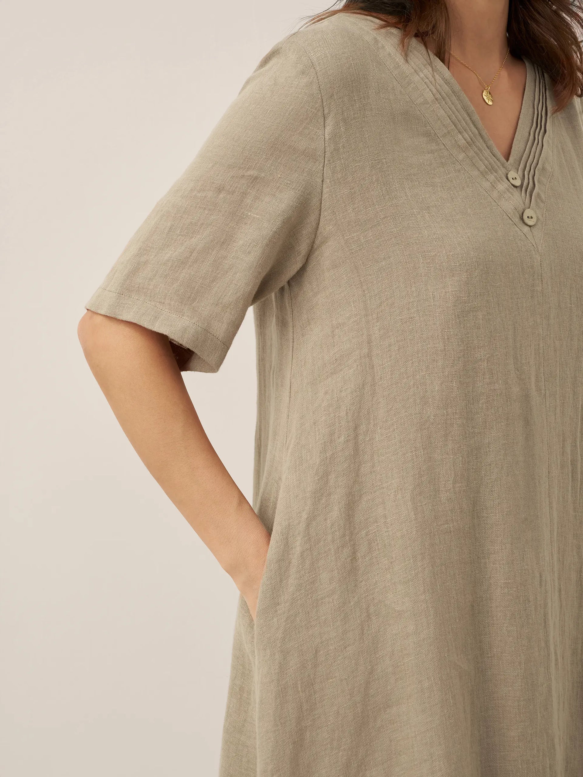 100% Linen V-Neck Double-Layer Midi Dress JAYDA