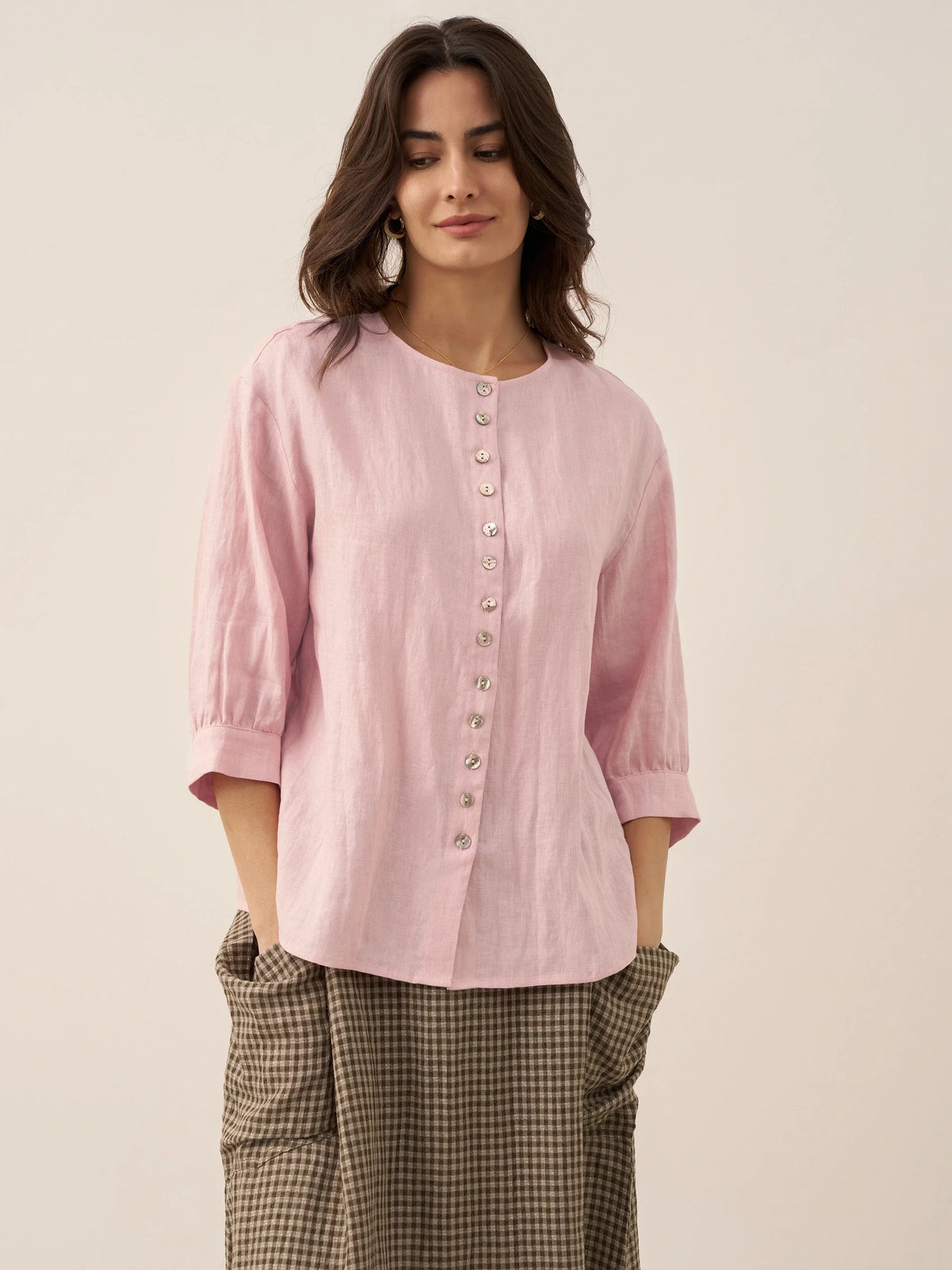 100% Linen Button-Front Drop Shoulder Shirt EASTER