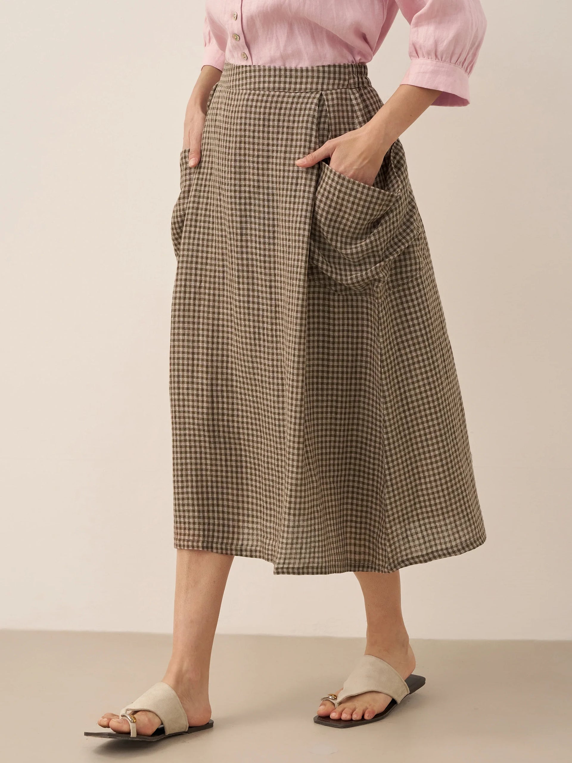 Linen Checked Elastic Waist Skirt MARINA