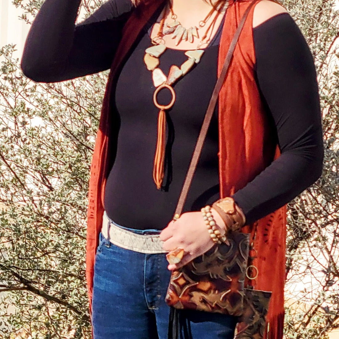 Aqua Terra Jasper Stone Slab Necklace on Brown Vegan Leather Cord - Image 5