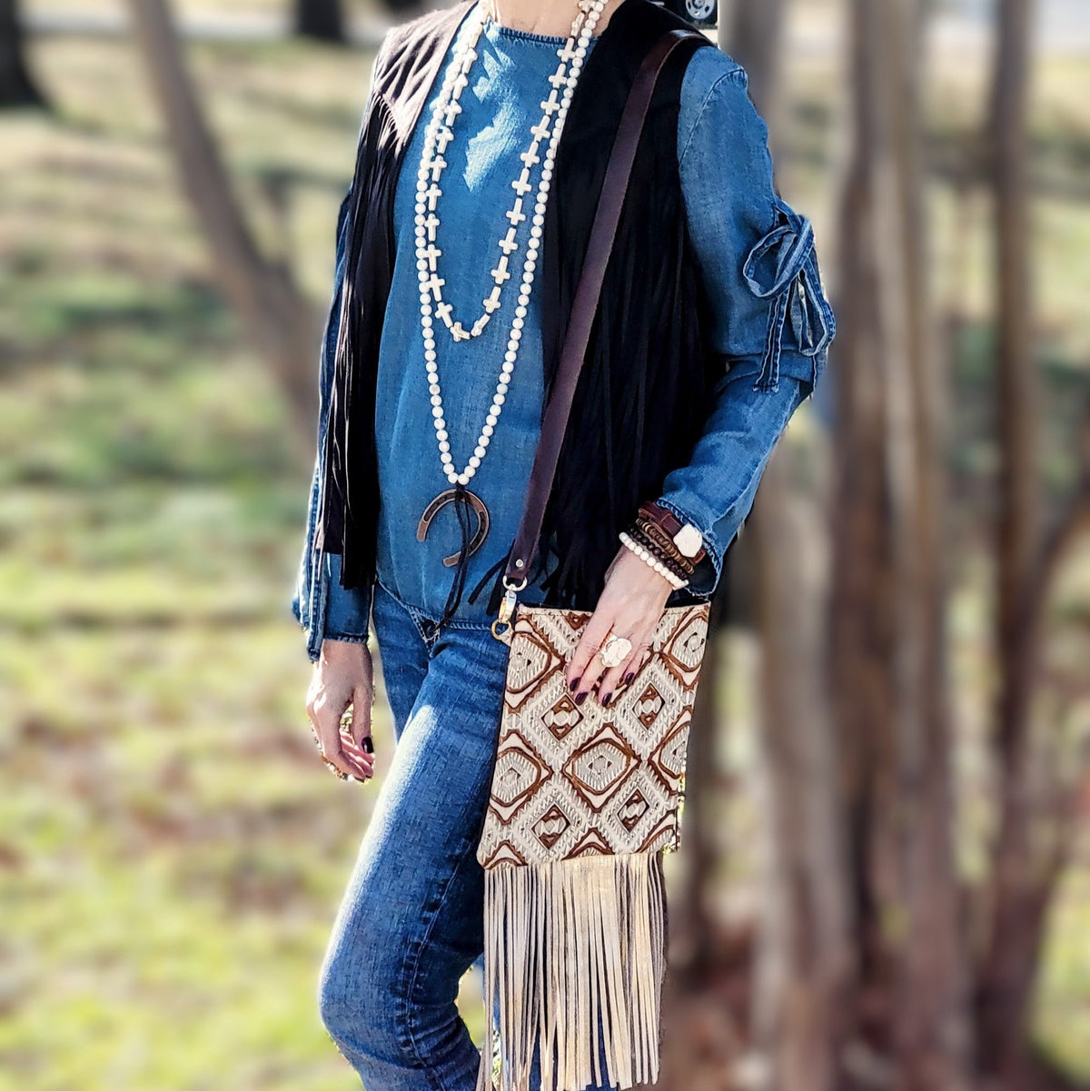 White Turquoise & Wood Beaded Cross Necklace