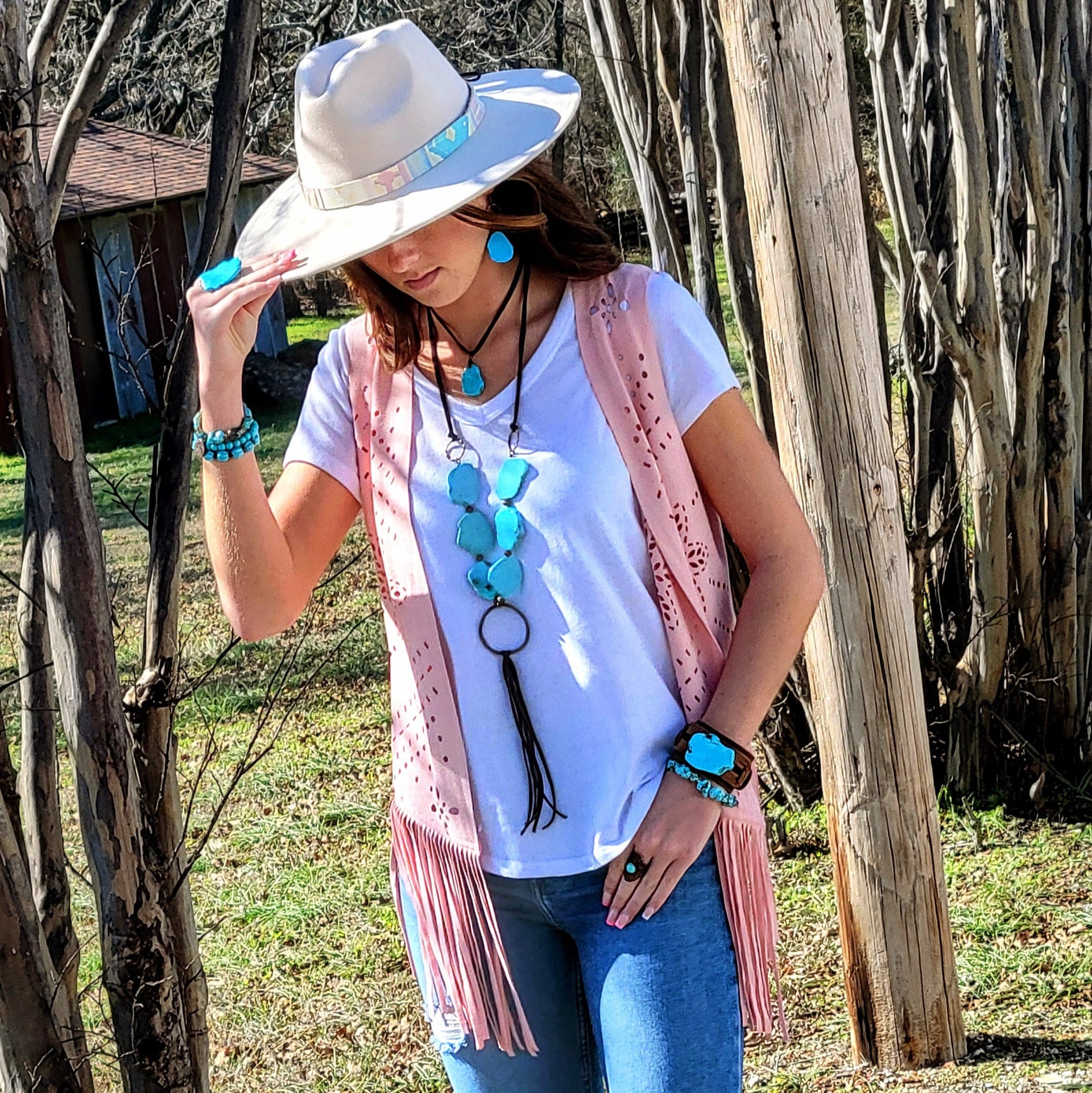 Blue Turquoise Slab Necklace with Long Leather Tassel 226G