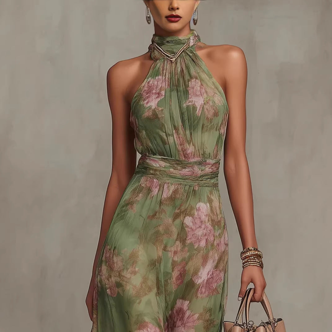 Green Graffiti Print Mesh Suspender Maxi Dress Streetwear