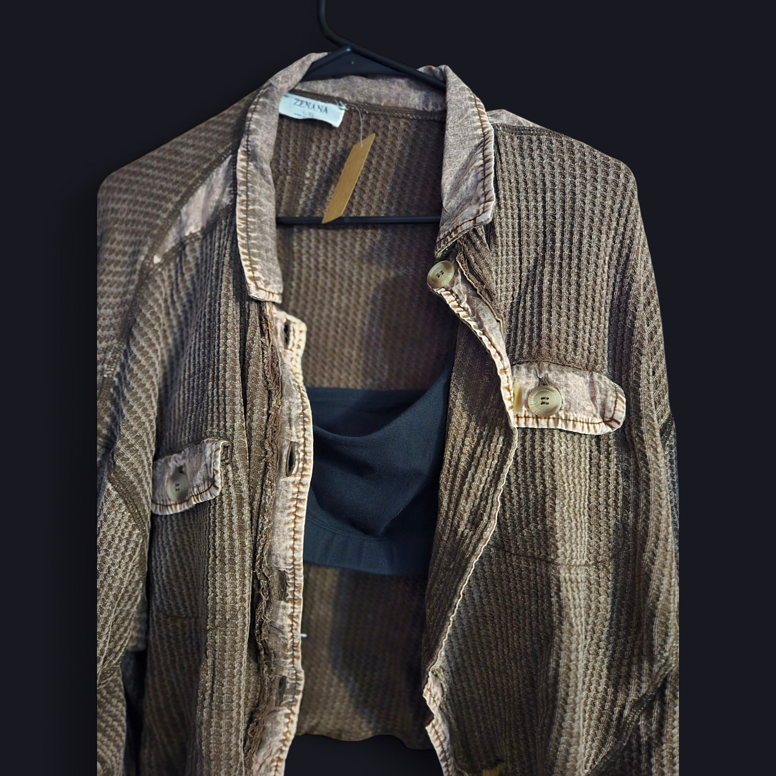 Zenana Waffle Knit Button-Up Top in Taupe Brown