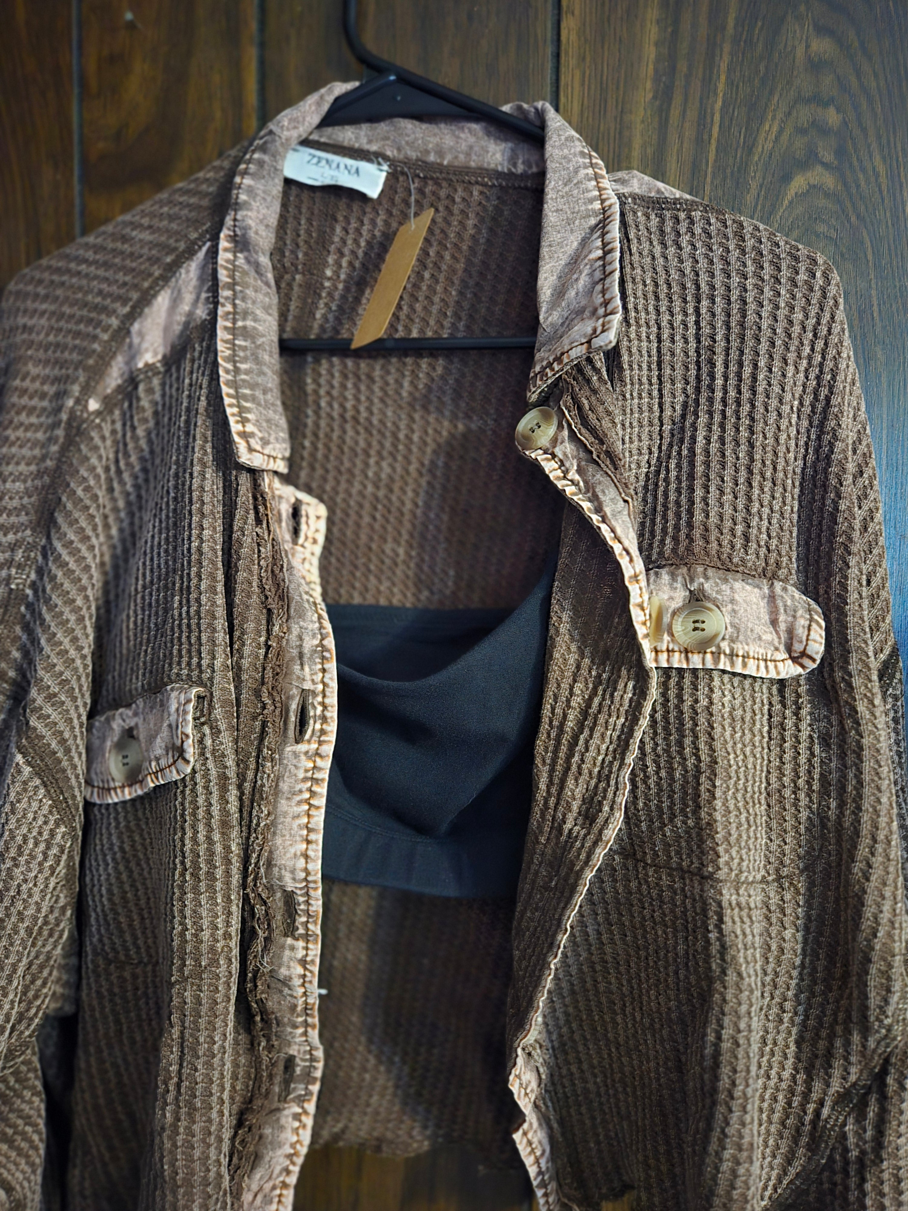 Zenana Waffle Knit Button-Up Top in Taupe Brown