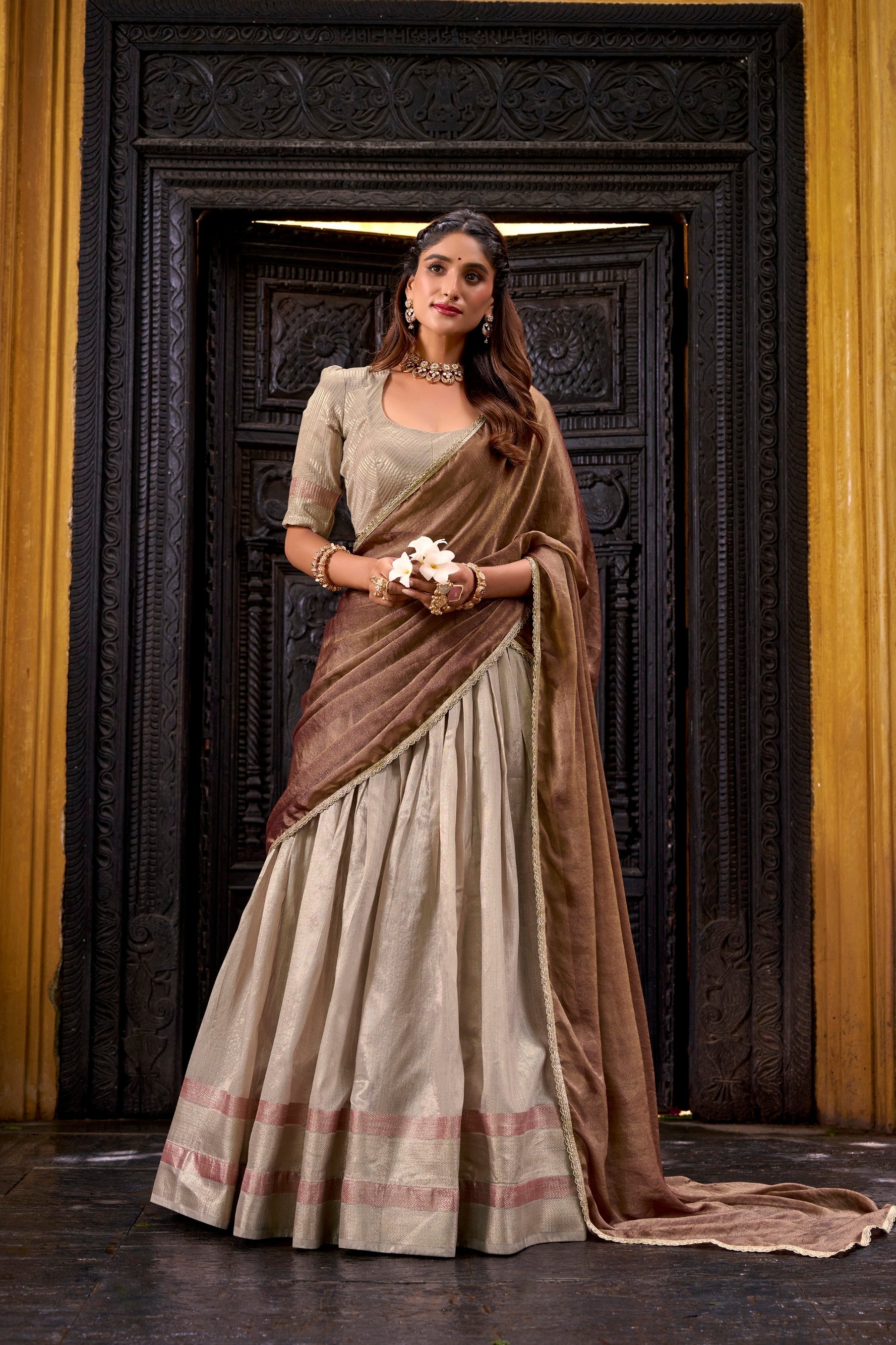 Lorenvalley Fashion Cream Dupion Silk Zari Weaving Work Lehenga Choli with Dupatta