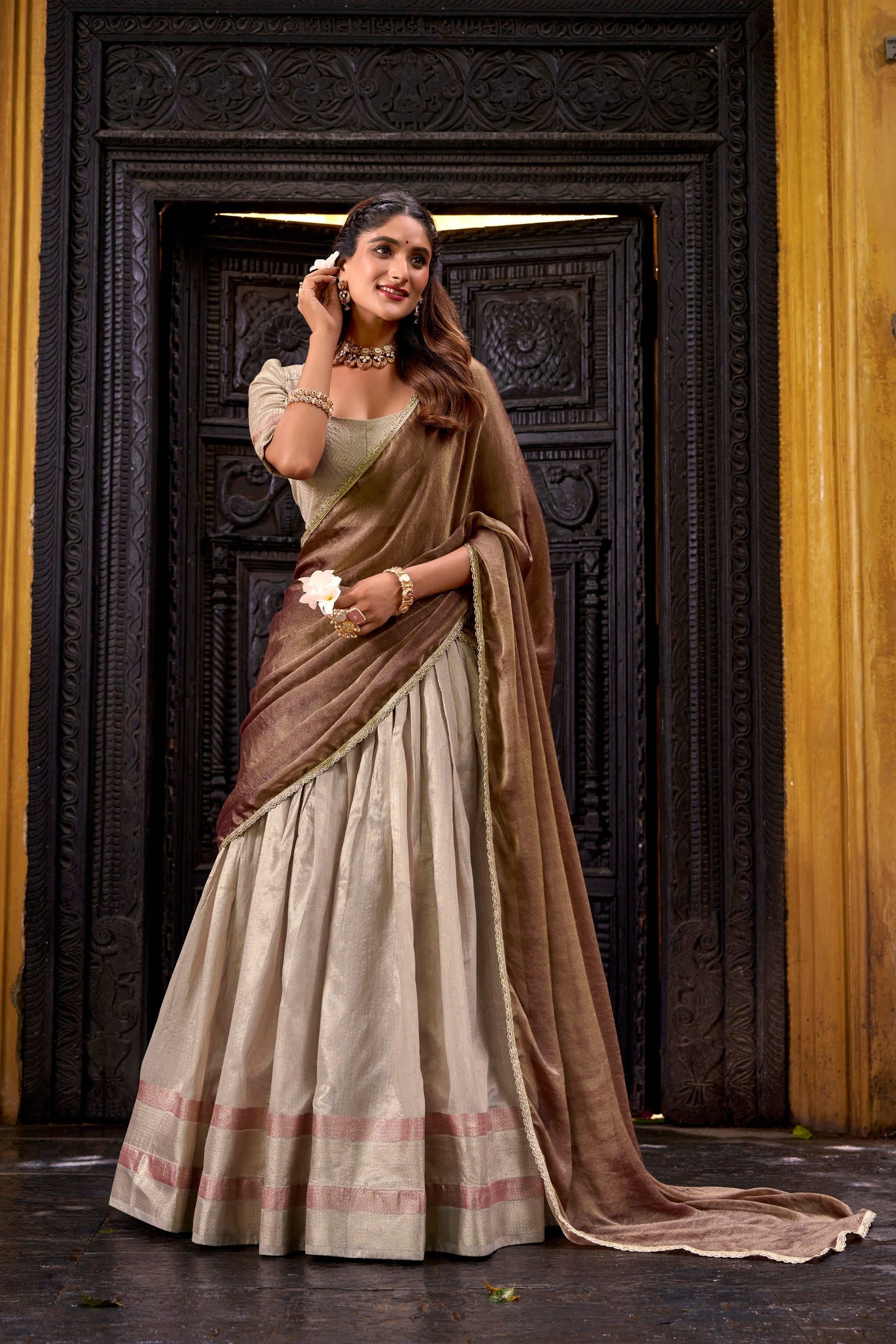 Lorenvalley Fashion Cream Dupion Silk Zari Weaving Work Lehenga Choli with Dupatta