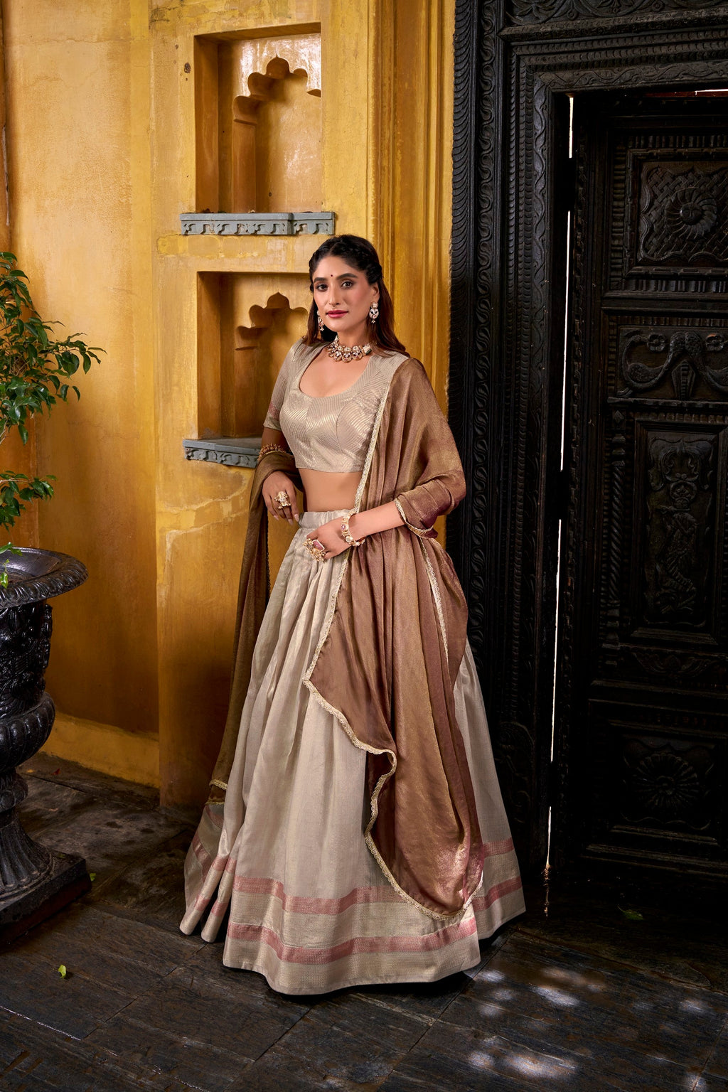 Lorenvalley Fashion Cream Dupion Silk Zari Weaving Work Lehenga Choli with Dupatta