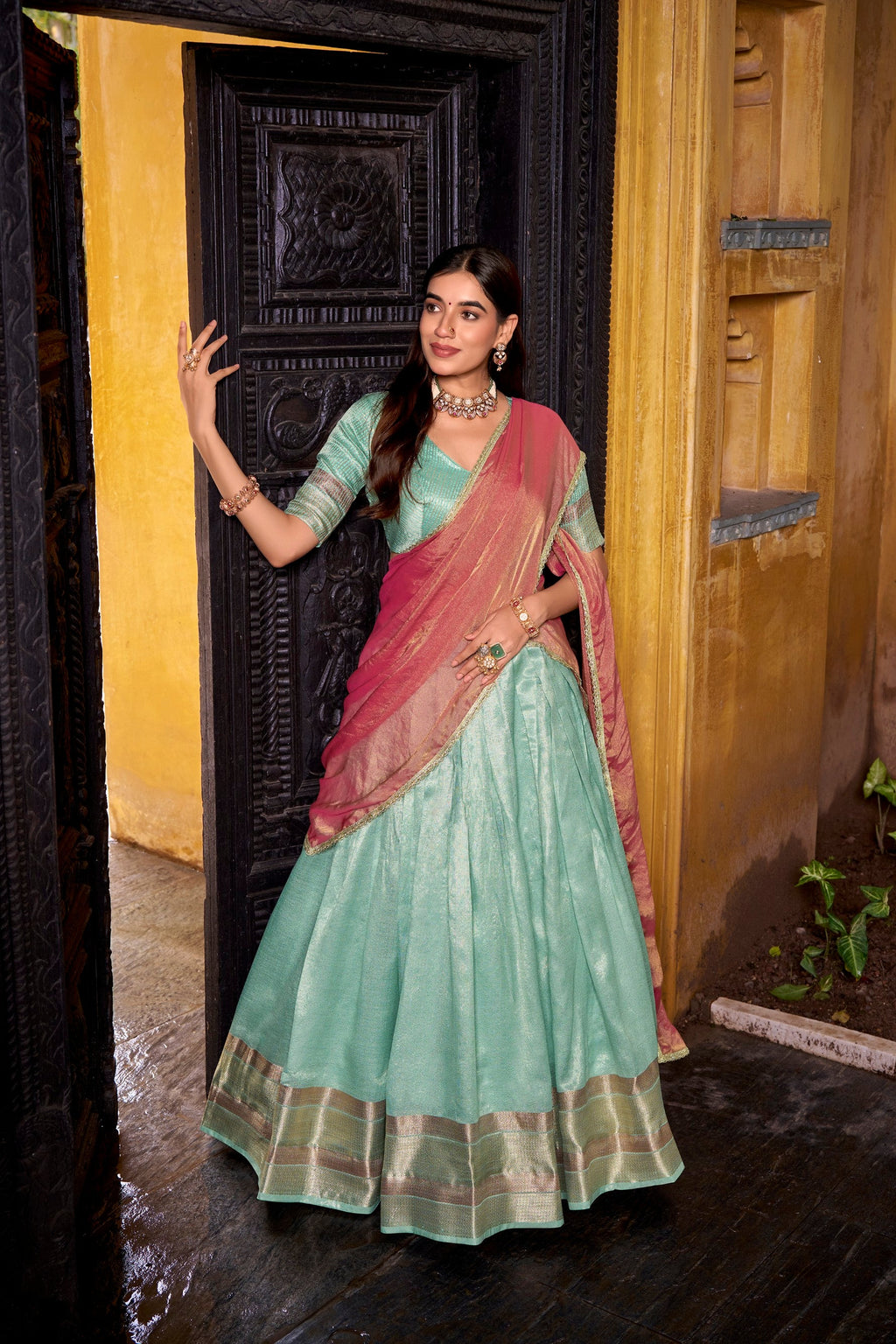 Skyblue Dupion silk lehenga choli with Zari weaving and matching dupatta