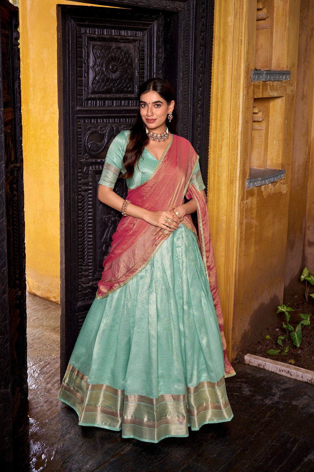 Skyblue Dupion Silk Lehenga Choli with Zari Weaving Work