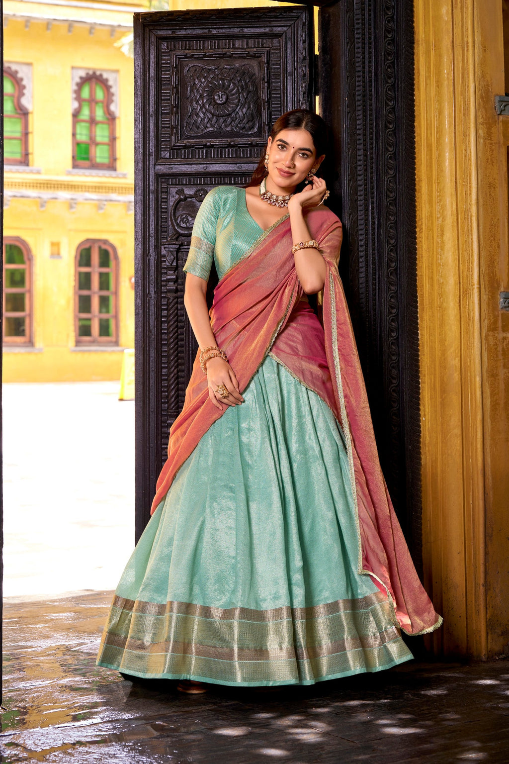 Skyblue Dupion Silk Lehenga Choli with Zari Weaving Work