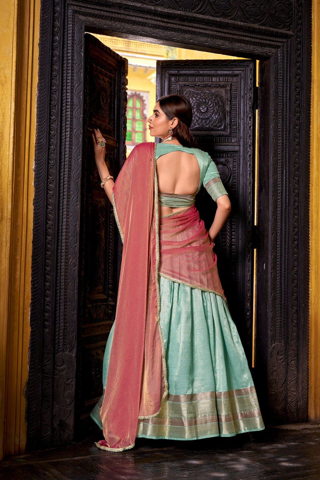 Skyblue Dupion Silk Lehenga Choli with Zari Weaving Work