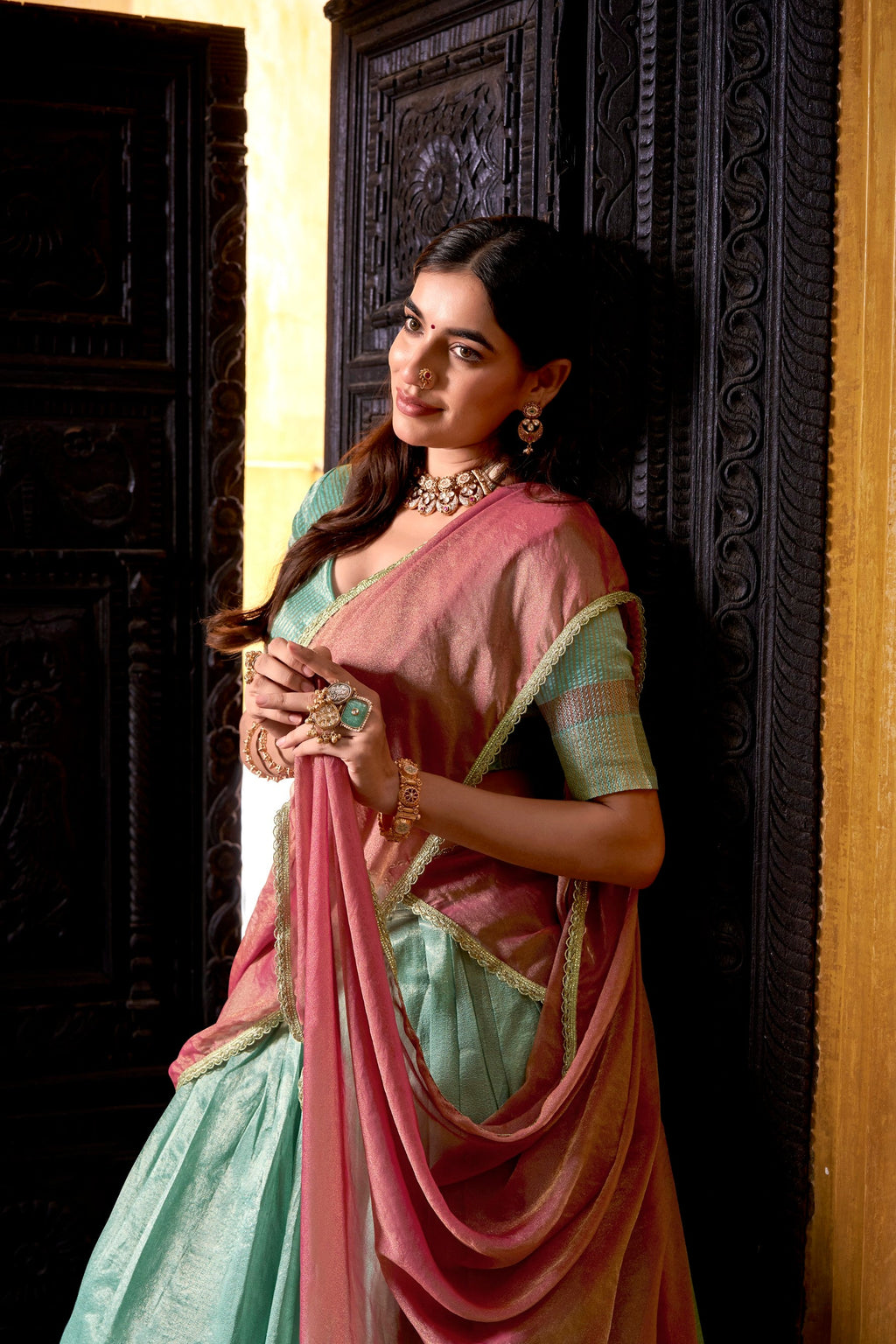 Skyblue Dupion Silk Lehenga Choli with Zari Weaving Work