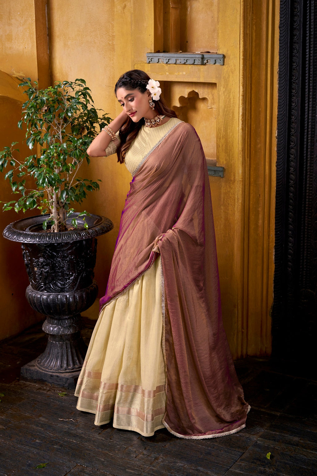 Lorenvalley Fashion Yellow Dupion Silk Zari Weaving Work Lehenga Choli with Dupatta
