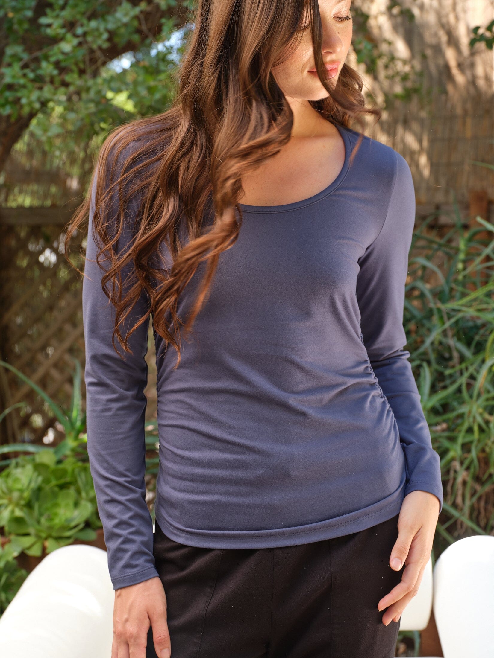 Women's slate blue Luxe Jersey long sleeve top with side ruching