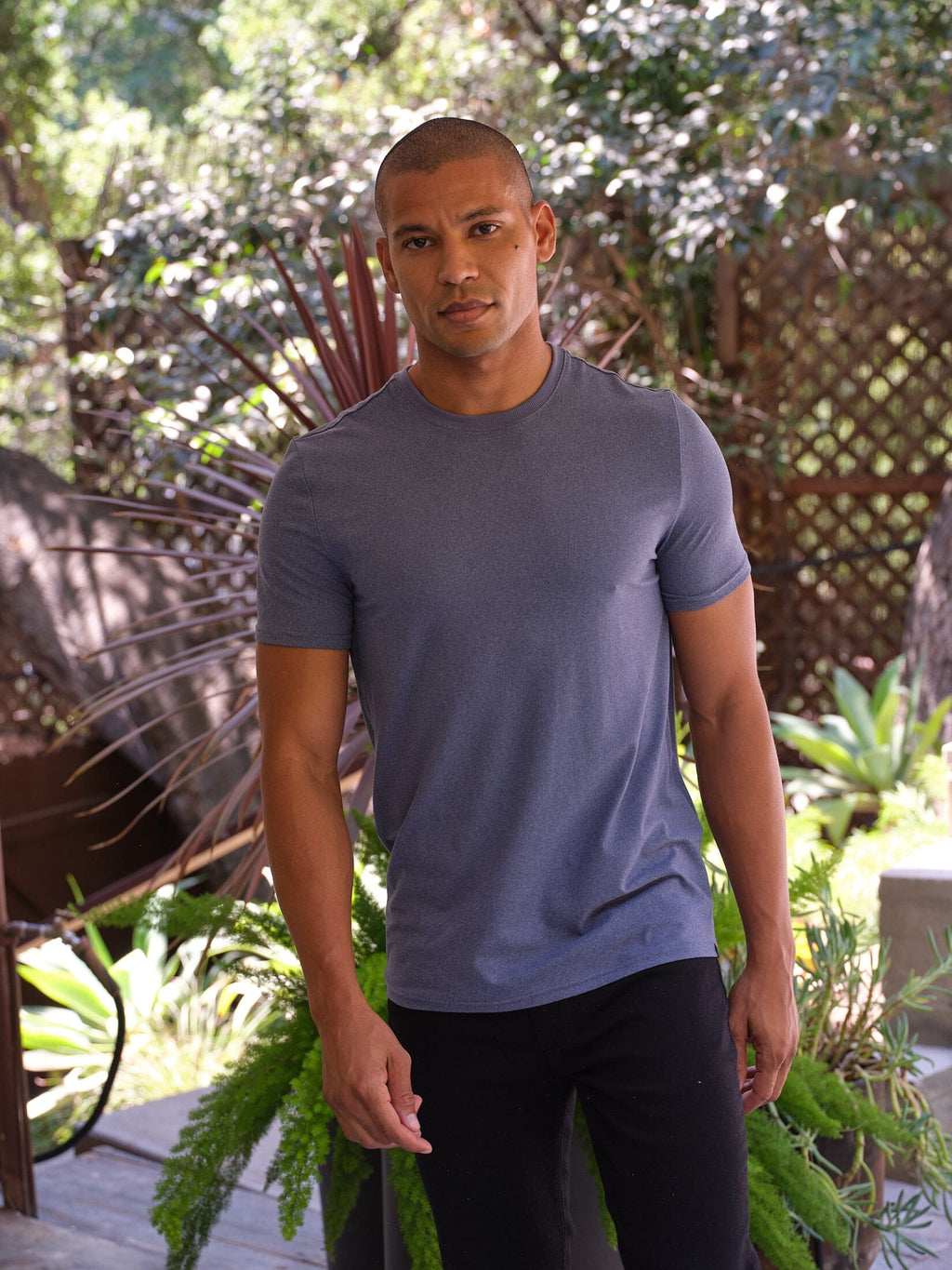 Men's minimalist crew neck tee in smooth blue and grey cotton luxe jersey fabric.