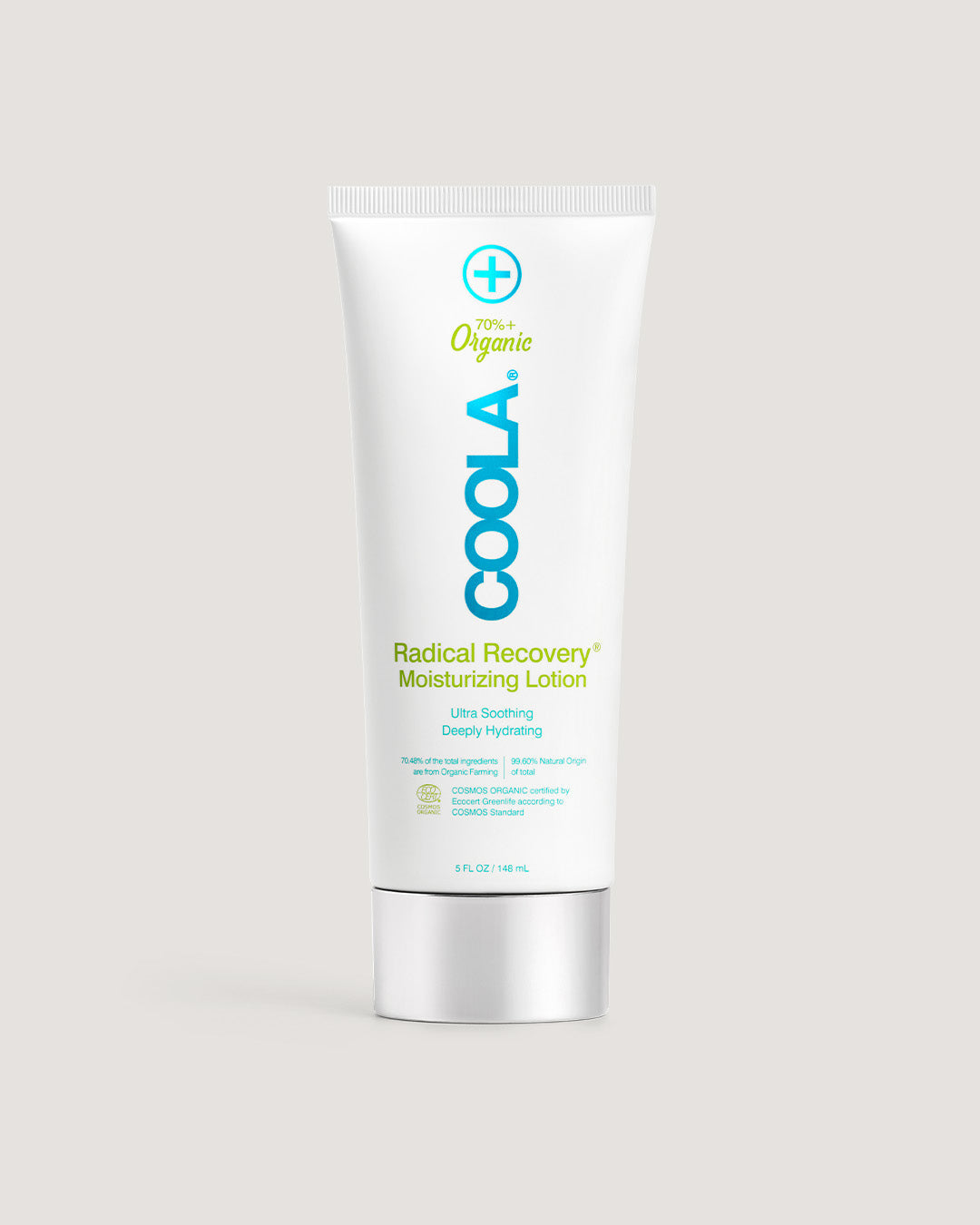 A 5 oz tube of COOLA Radical Recovery After-Sun Body Lotion featuring clean white packaging with cyan blue and lime green accents.
