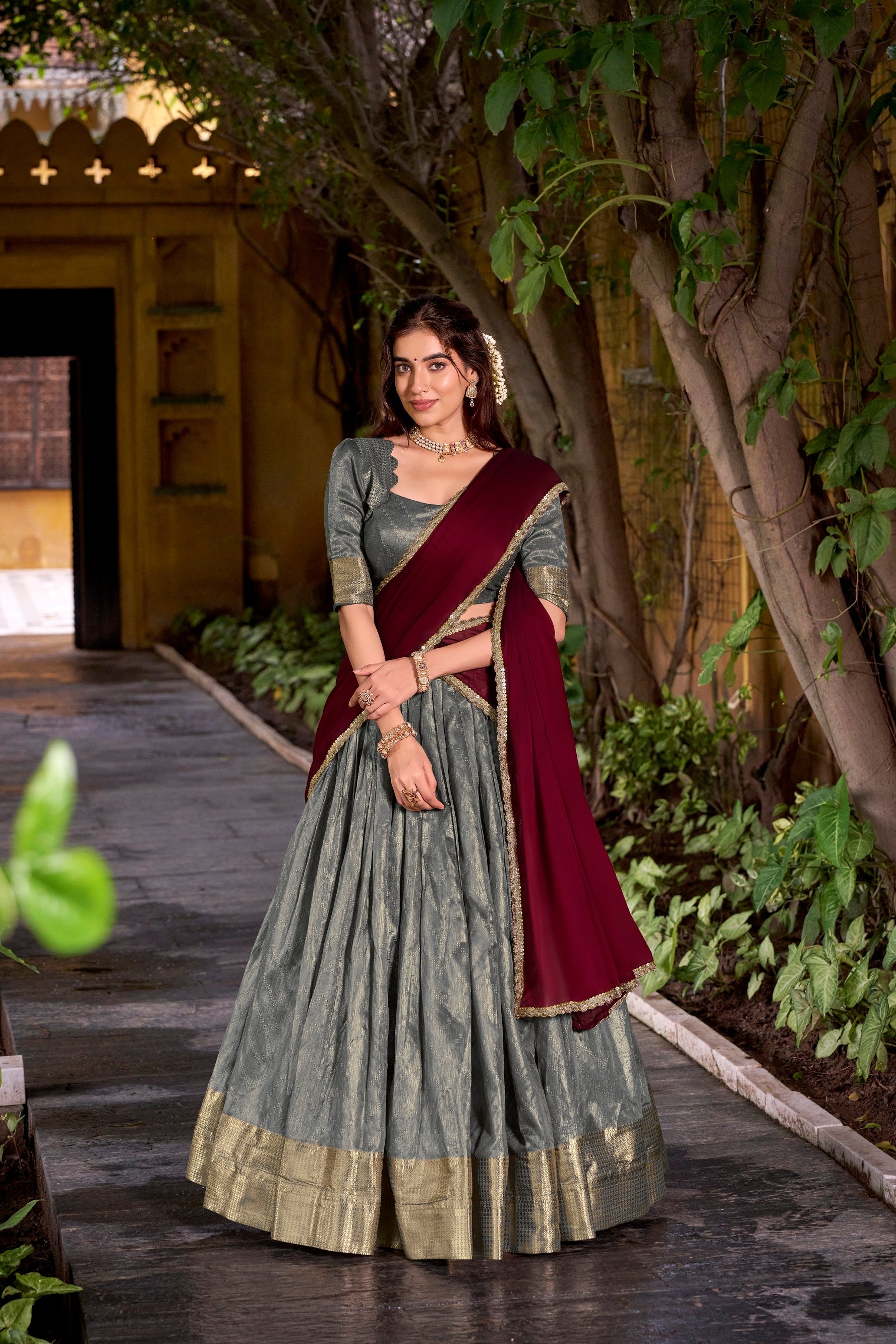 Grey Dupion Silk lehenga choli with detailed Zari weaving work and matching dupatta