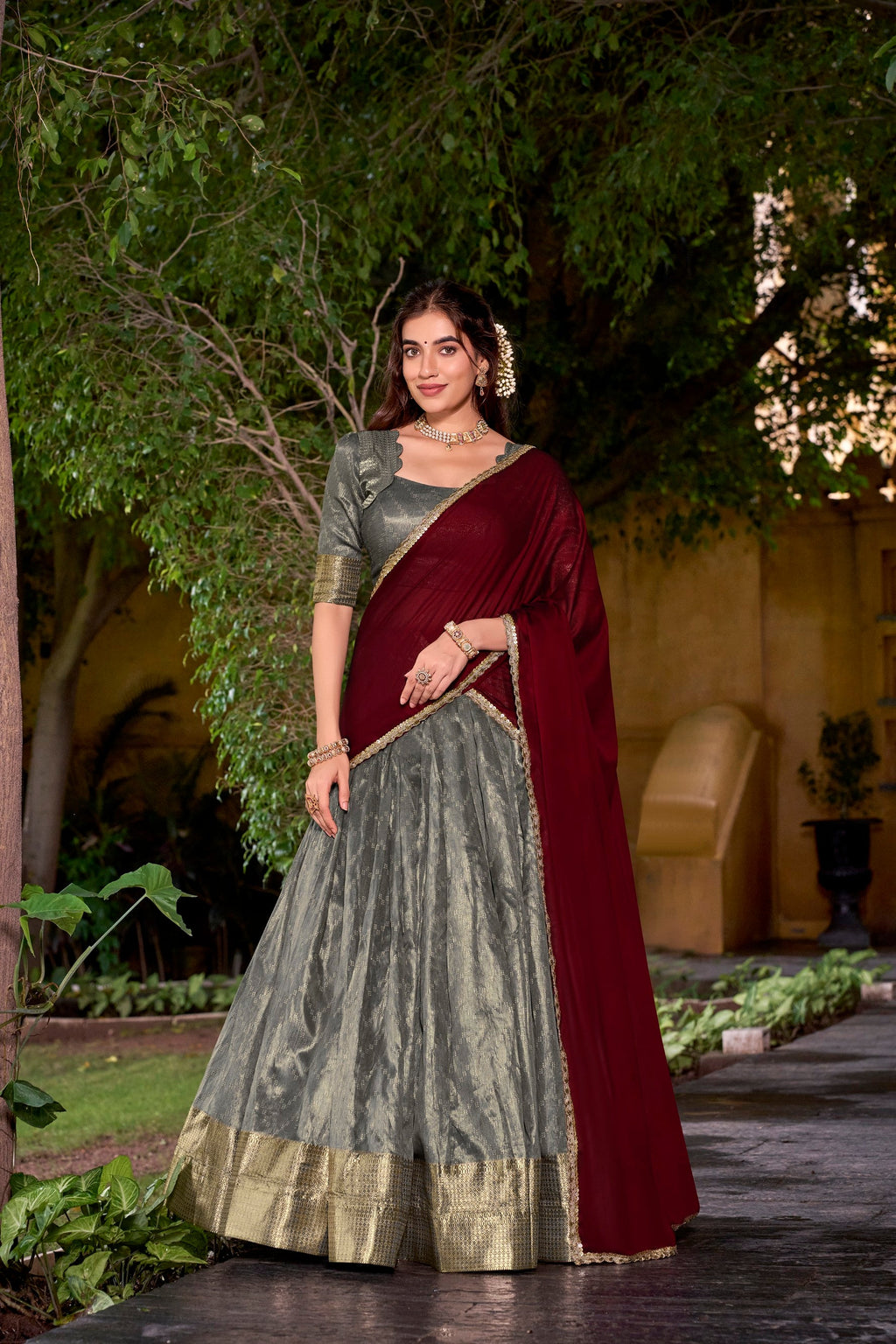 Grey Dupion Silk Lehenga Choli Set with Traditional Zari Weaving