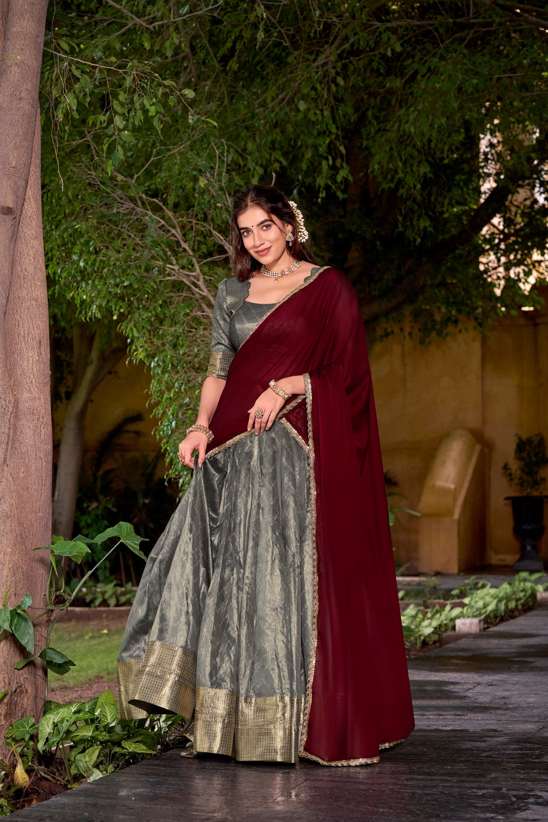 Grey Dupion Silk Lehenga Choli Set with Traditional Zari Weaving