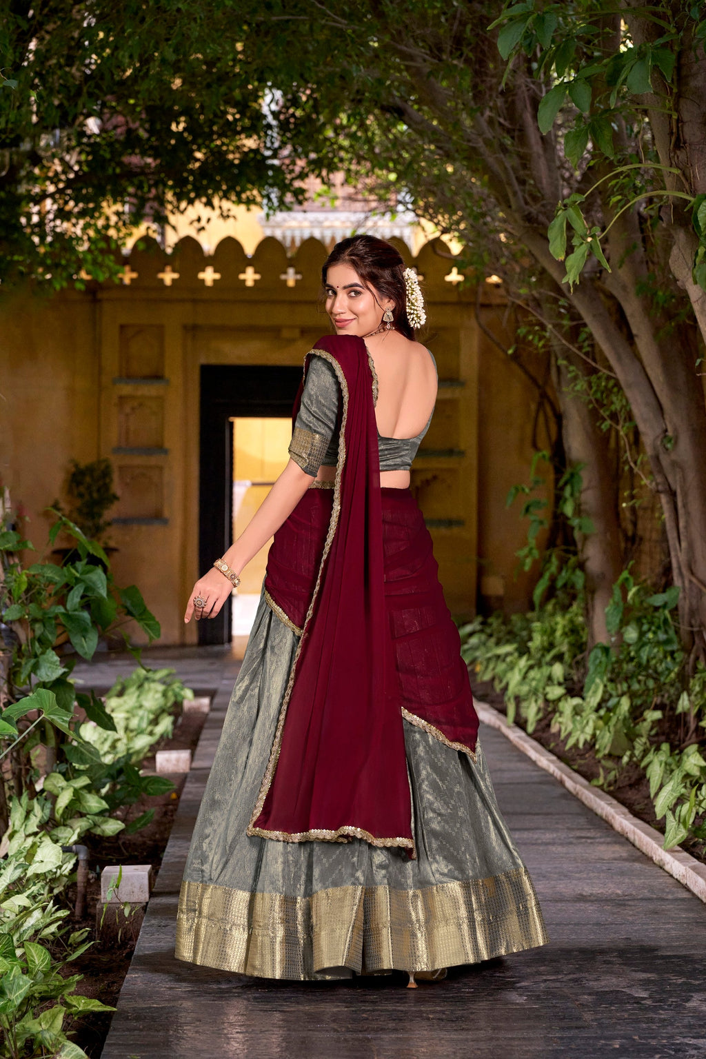 Grey Dupion Silk Lehenga Choli Set with Traditional Zari Weaving