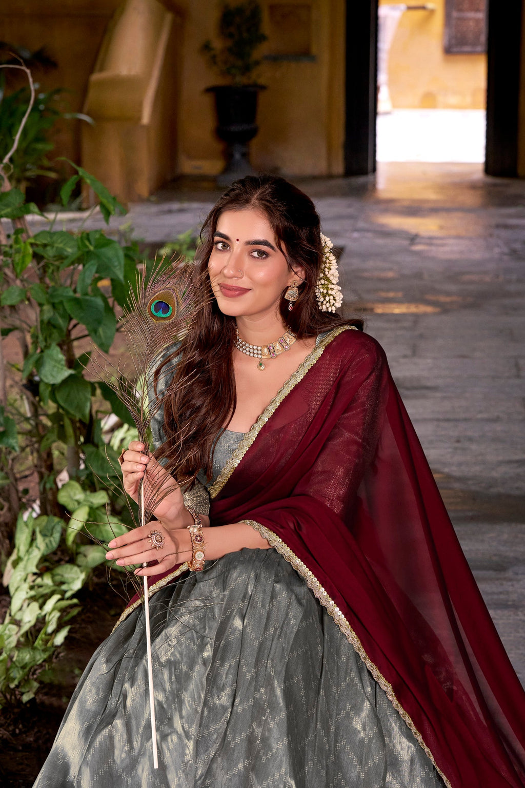 Grey Dupion Silk Lehenga Choli Set with Traditional Zari Weaving