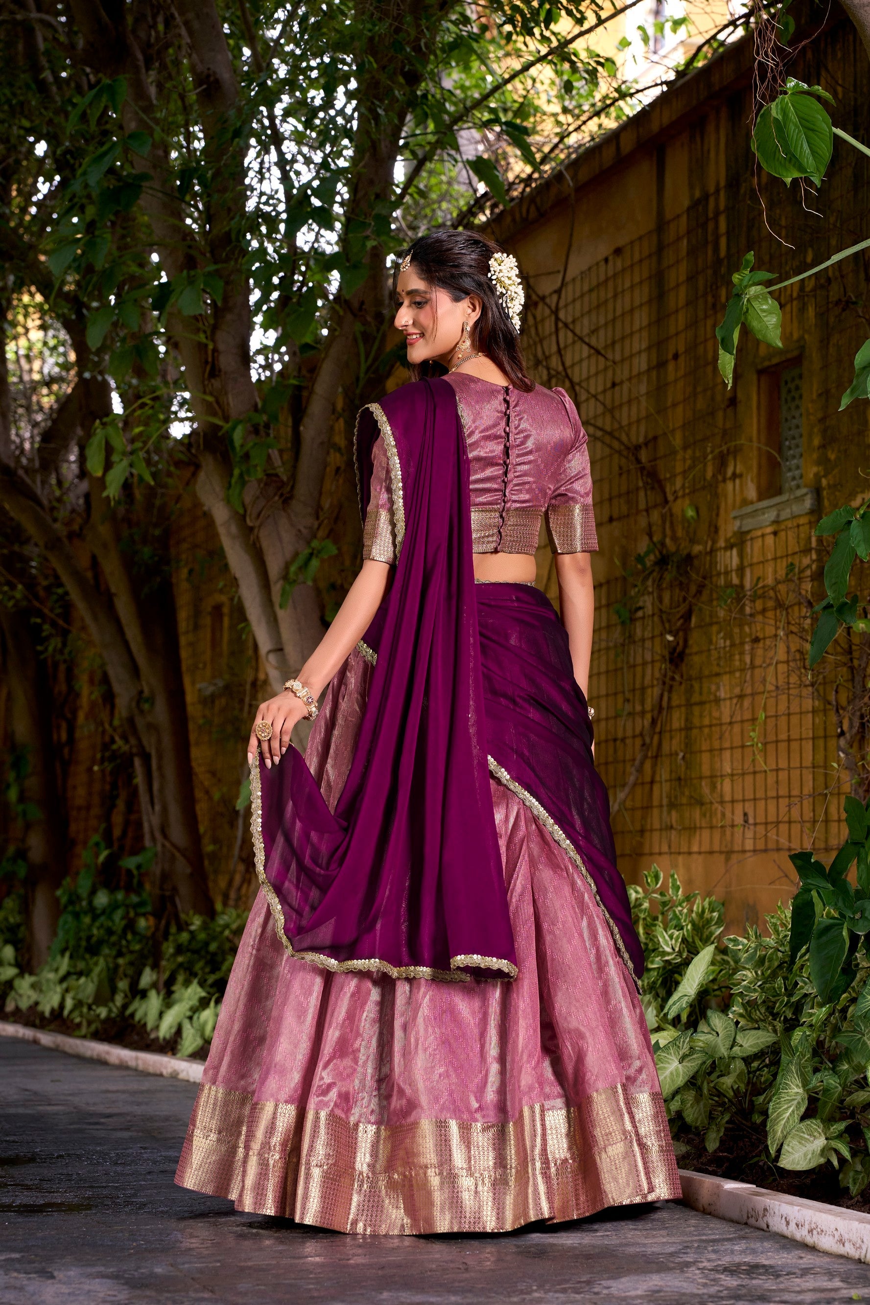 Lorenvalley Fashion Pink Dupion Silk Zari Weaving Work Lehenga Choli with Dupatta