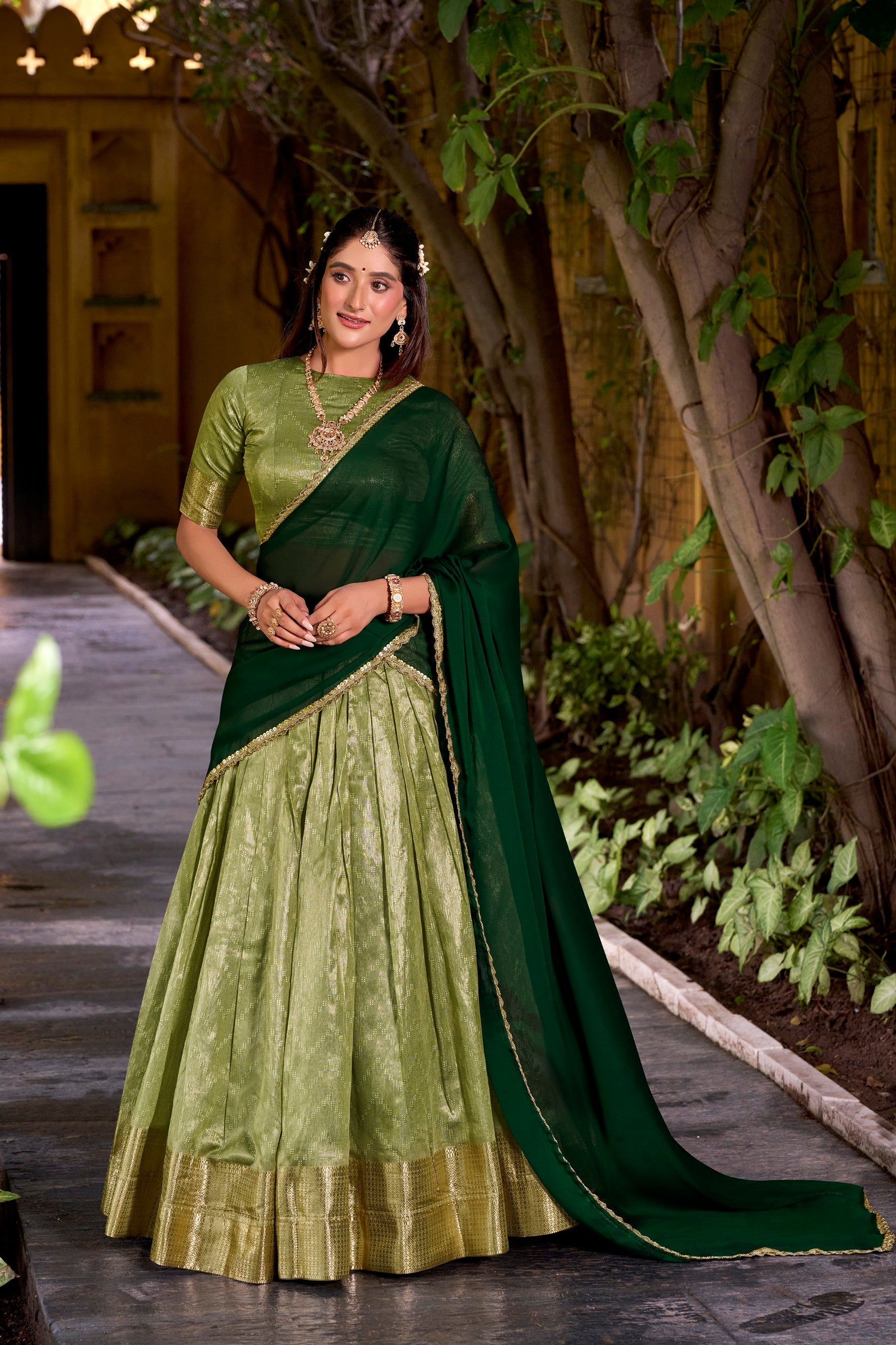 Lorenvalley Fashion Pista Dupion Silk Zari Weaving Work Lehenga Choli with Dupatta