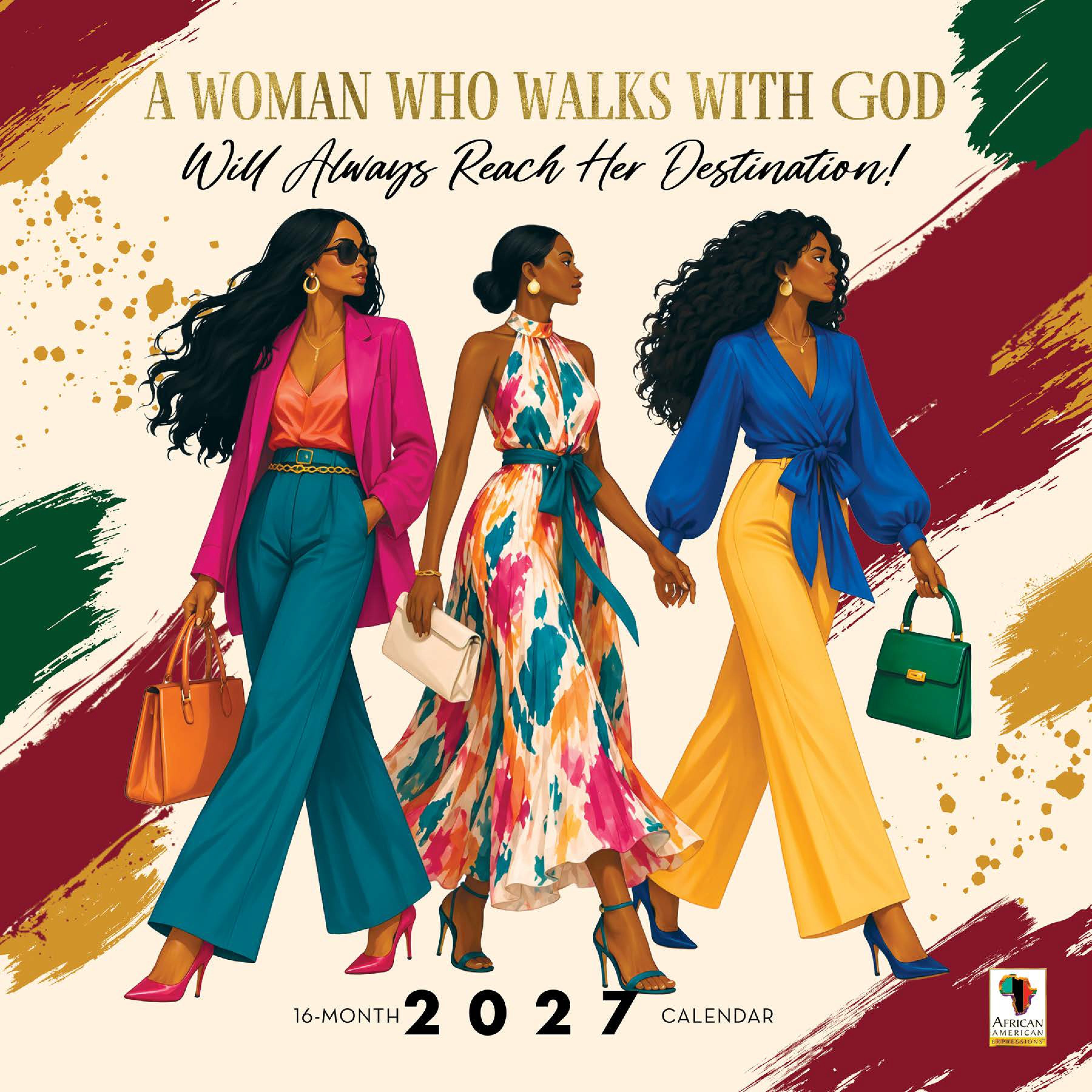 2027 A Woman Who Walks With God Afrocentric calendar hanging on a wall
