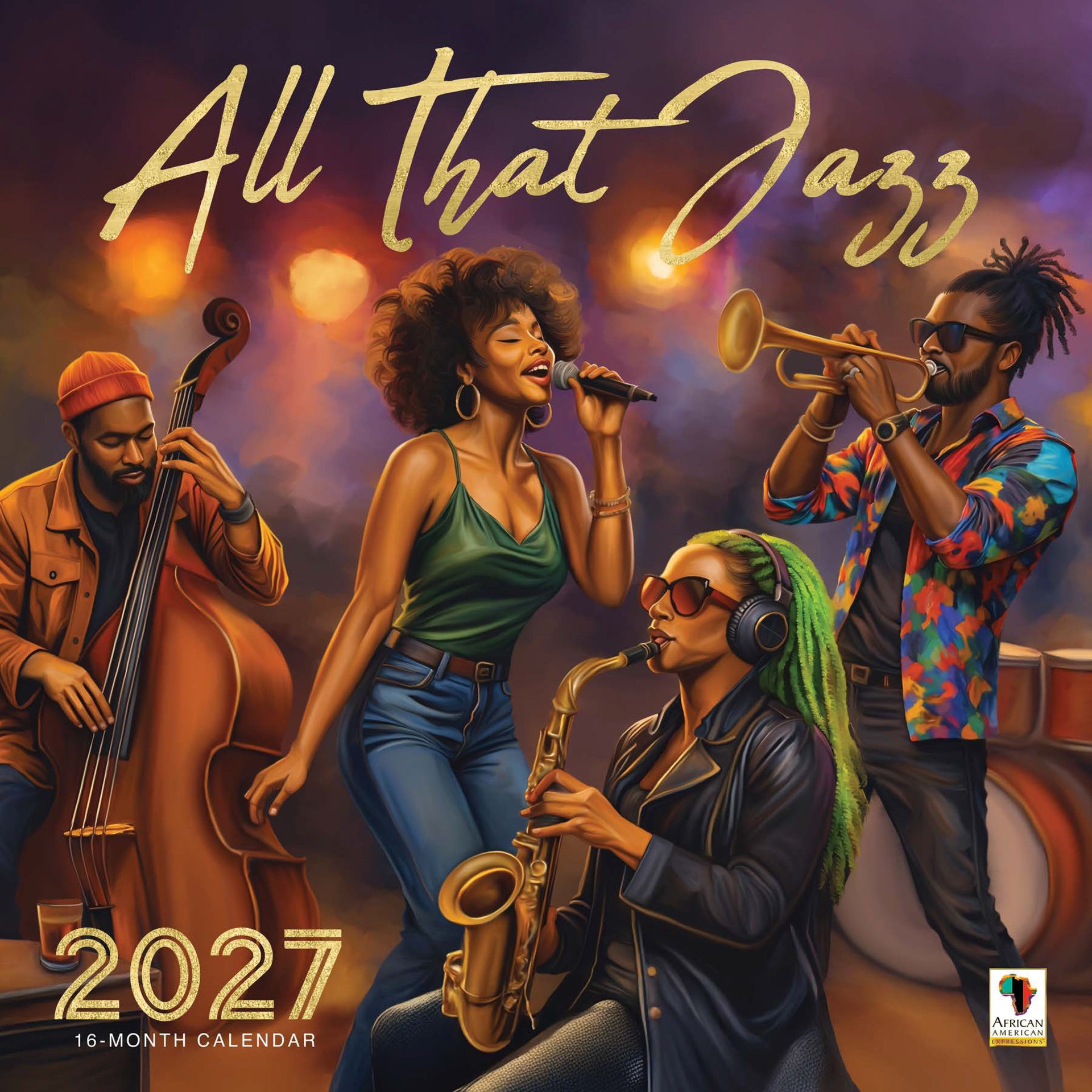2027 All That Jazz wall calendar hanging on a wall as decor.