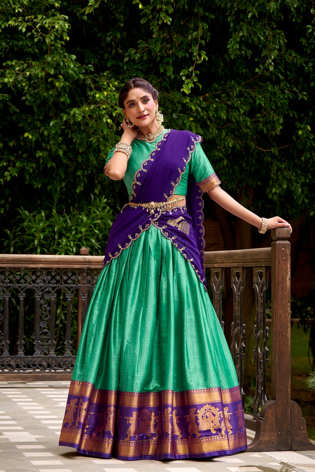 Green poly cotton lehenga choli with gold zari weaving work and dupatta