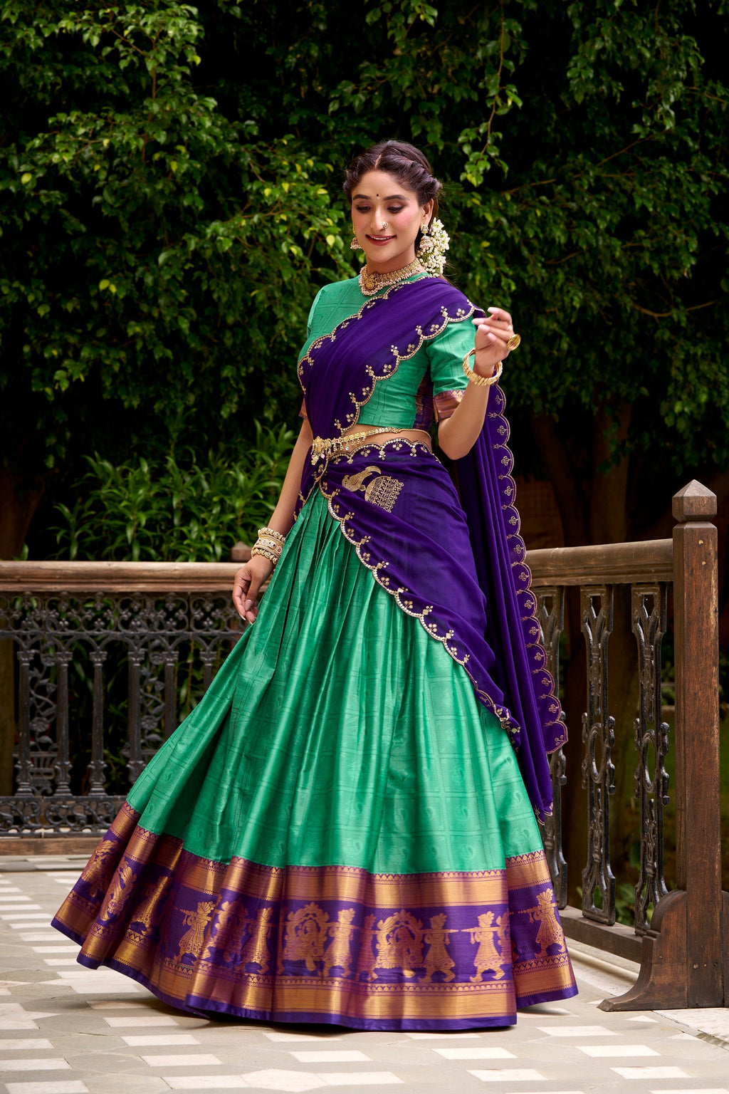 Green Poly Cotton Zari Weaving Work Lehenga Choli and Dupatta