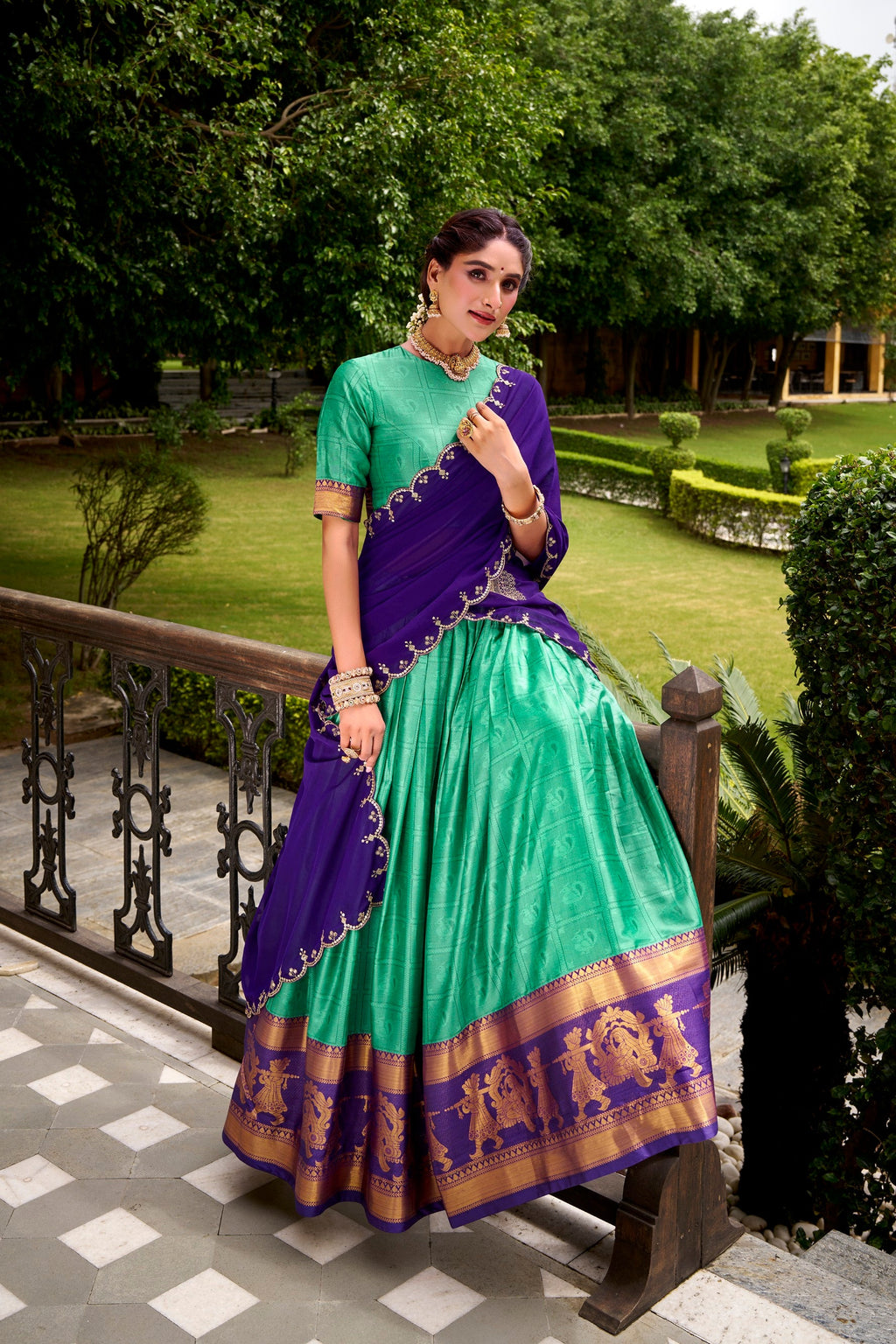 Green Poly Cotton Zari Weaving Work Lehenga Choli and Dupatta