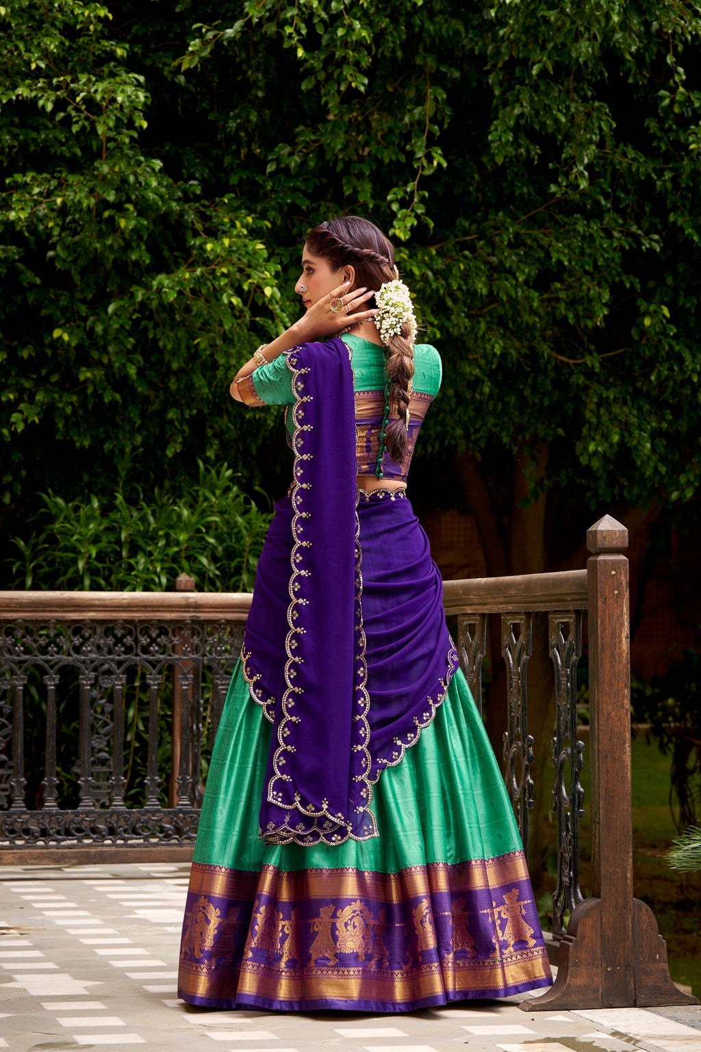 Green Poly Cotton Zari Weaving Work Lehenga Choli and Dupatta