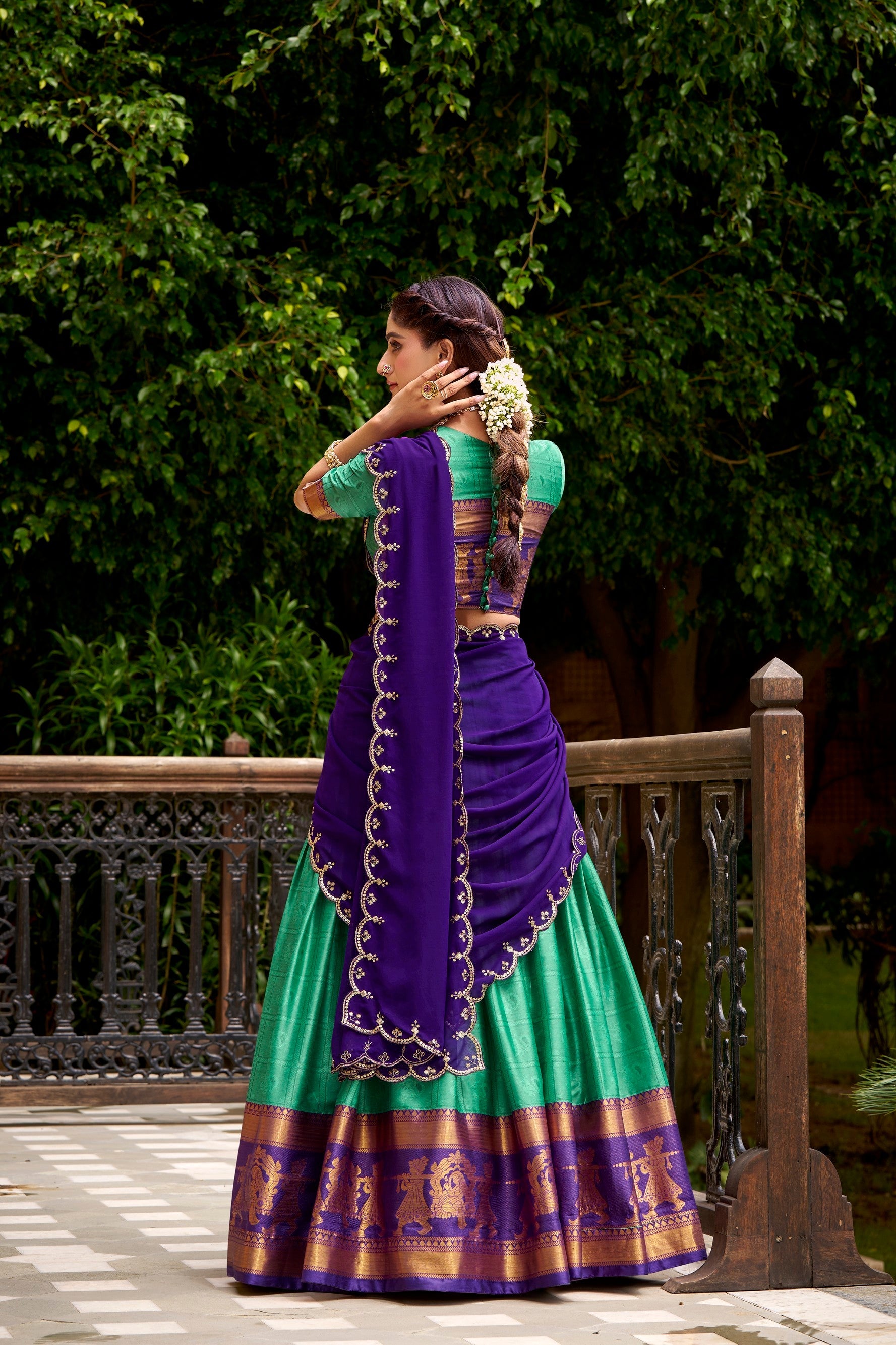 Green Poly Cotton Zari Weaving Work Lehenga Choli and Dupatta