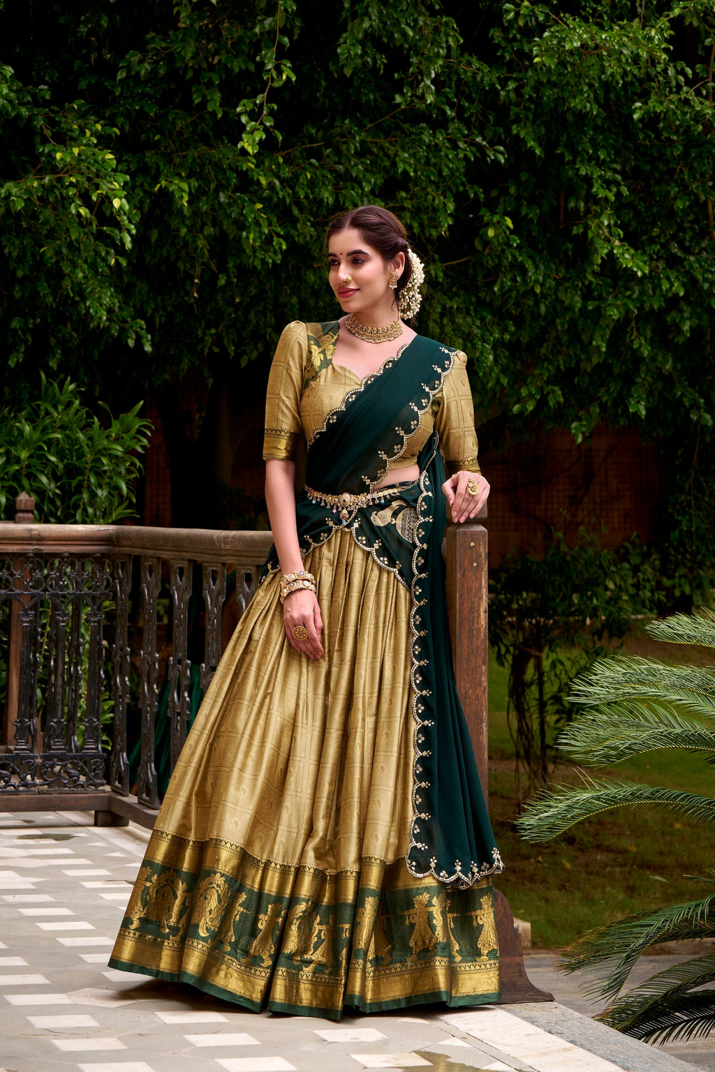Cream Poly Cotton Lehenga Choli with detailed golden zari weaving and matching dupatta