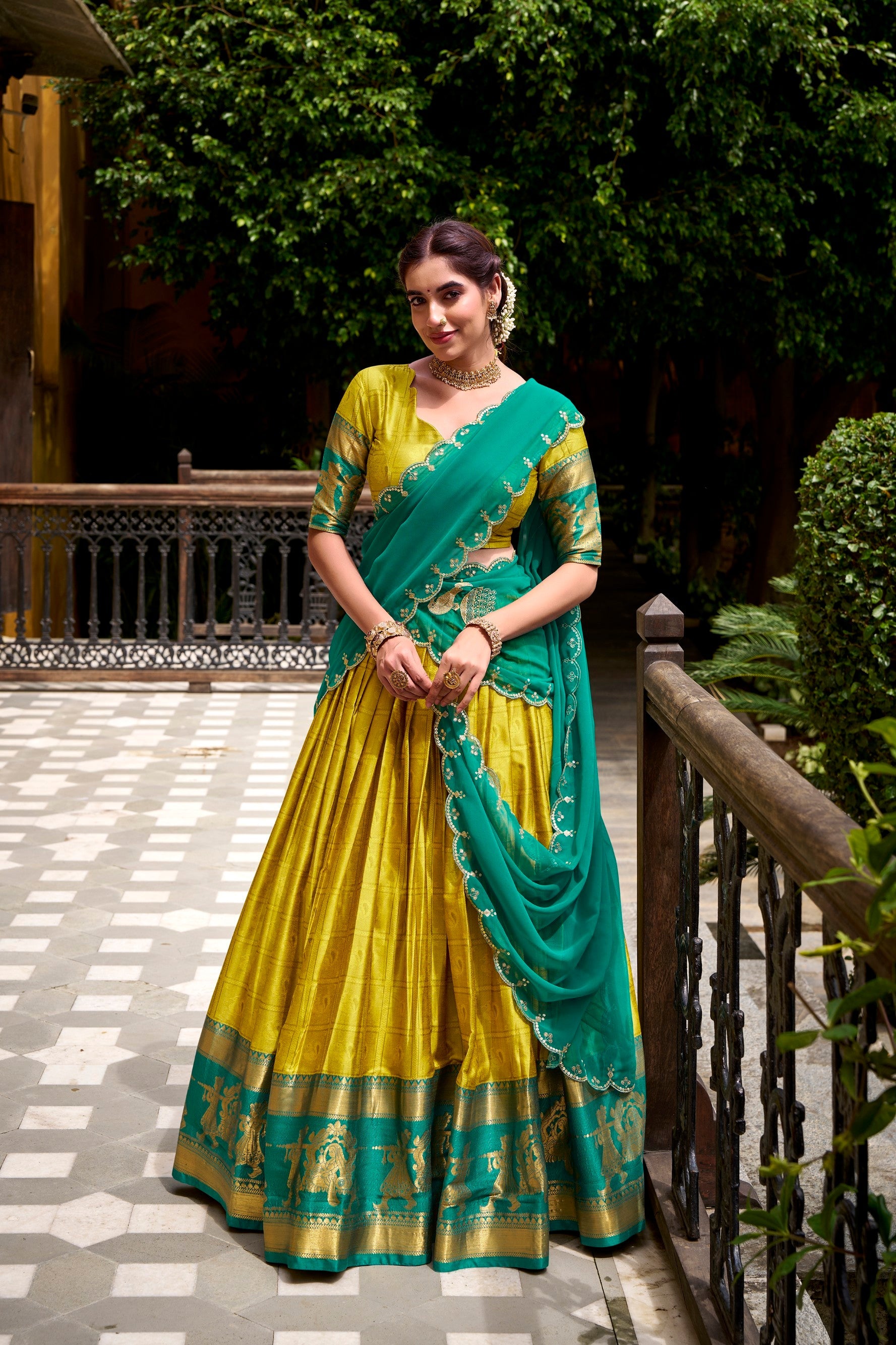 Yellow poly cotton half saree style lehenga choli with zari weaving work