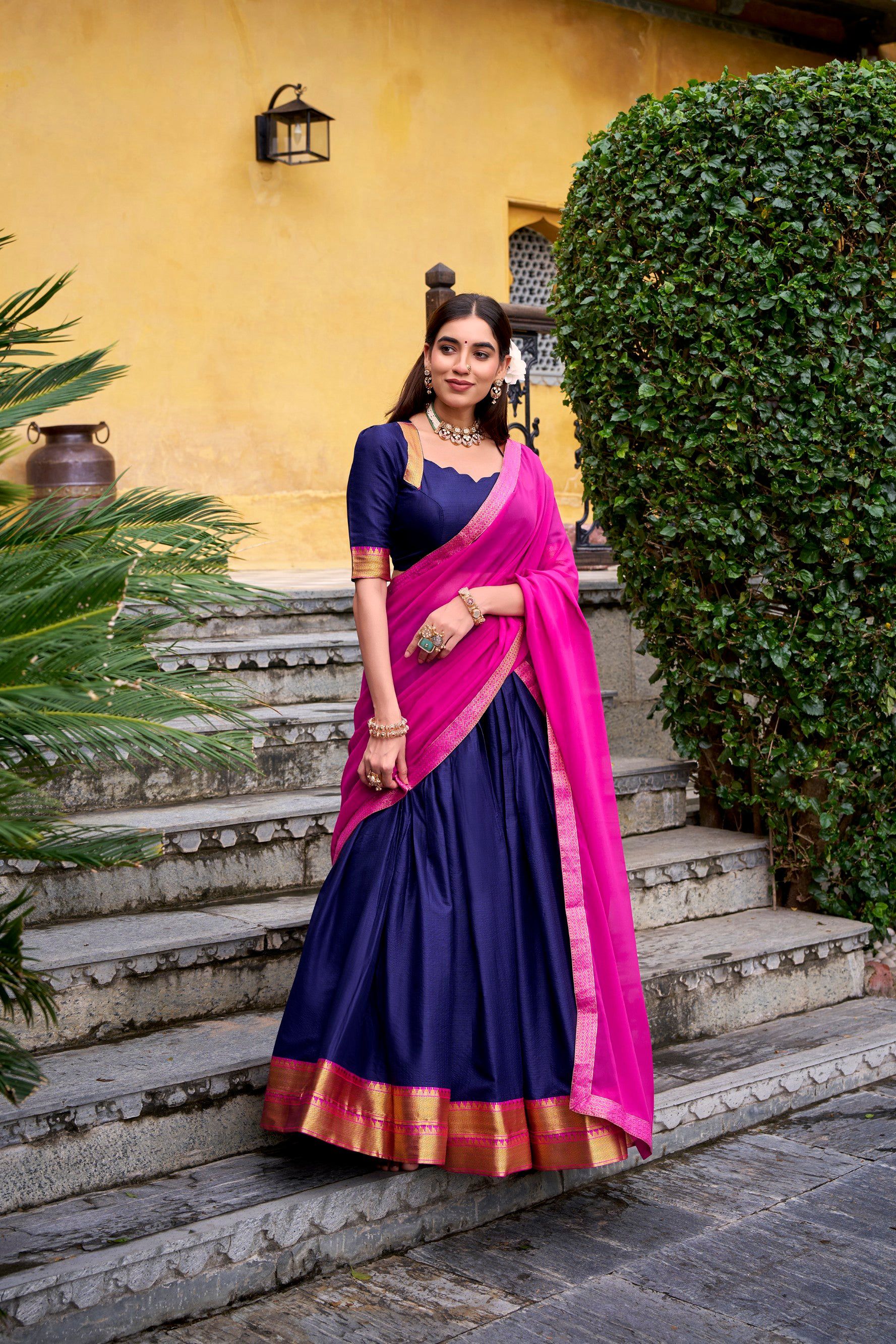 Lorenvalley Fashion Navyblue Poly Cotton Zari Weaving Work Lehenga Choli with Dupatta