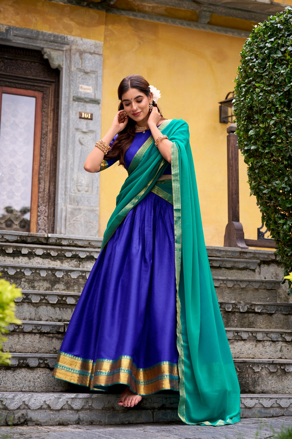 Royalblue Poly Cotton Zari Weaving Work Lehenga Choli with Dupatta