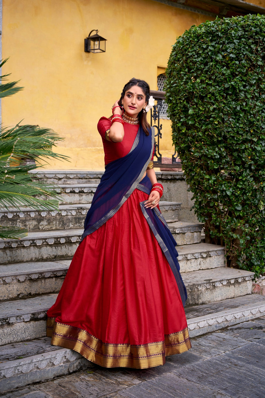 Red Poly Cotton Zari Weaving Work Lehenga Choli with Dupatta