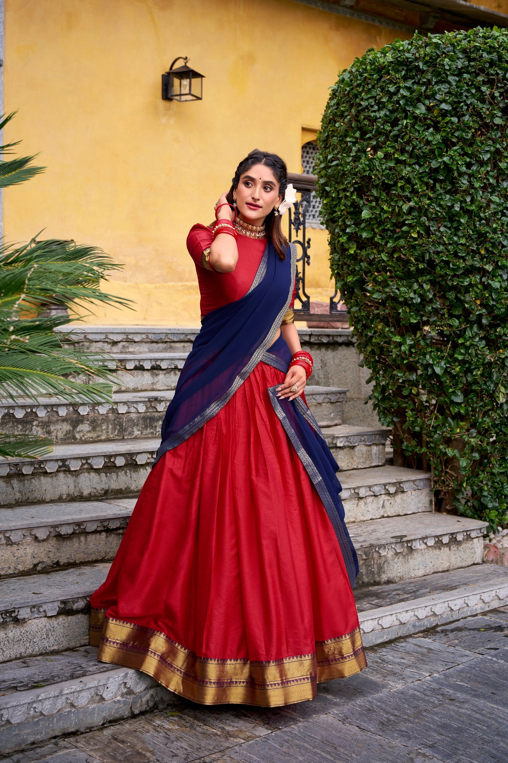 Red Poly Cotton Zari Weaving Work Lehenga Choli with Dupatta