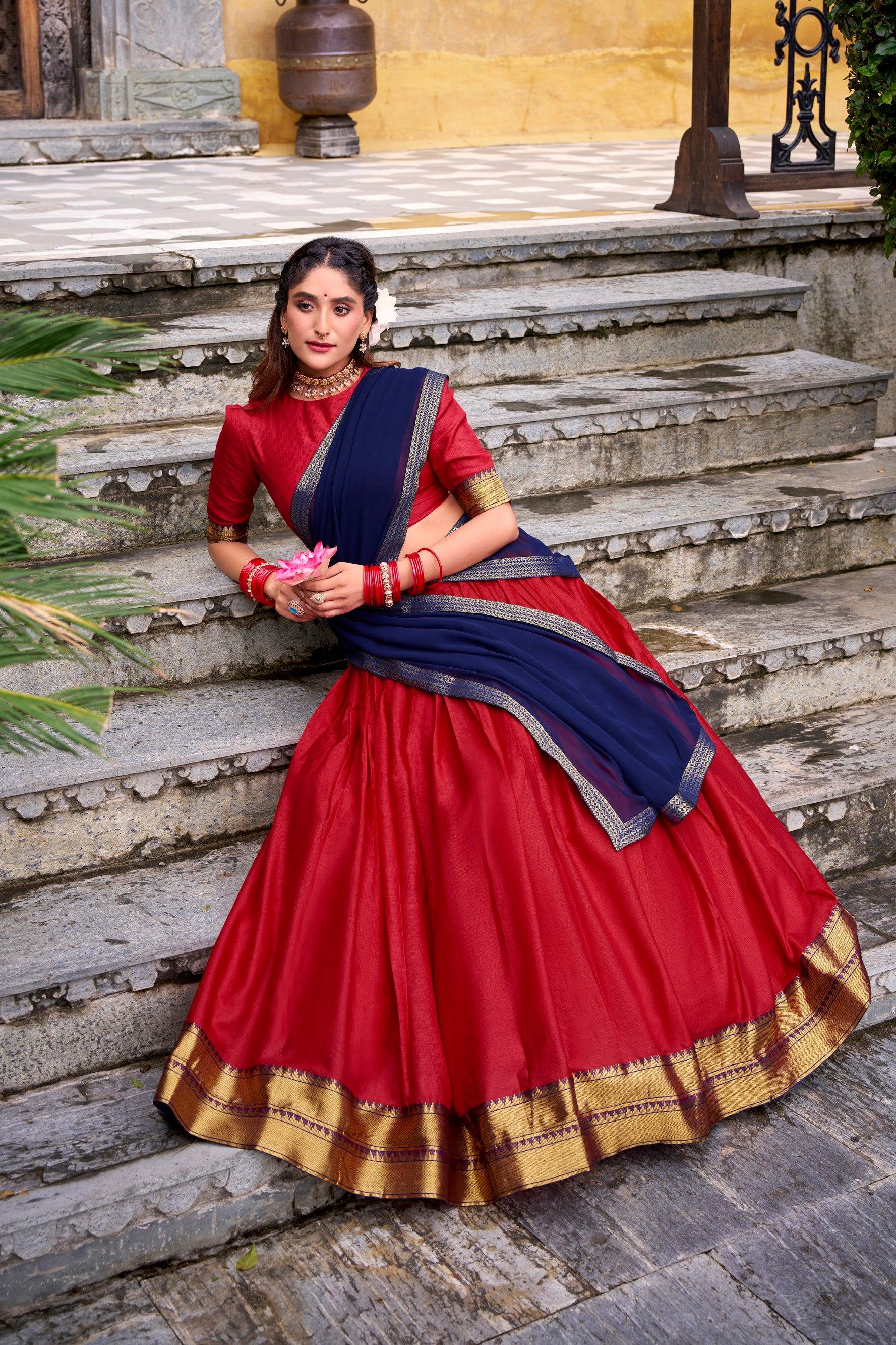 Red Poly Cotton Zari Weaving Work Lehenga Choli with Dupatta