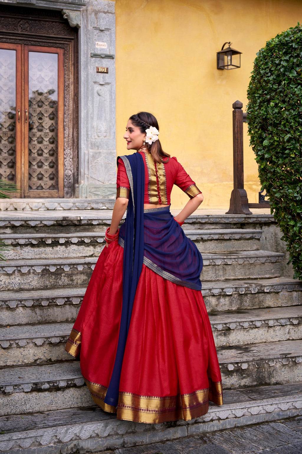 Red Poly Cotton Zari Weaving Work Lehenga Choli with Dupatta