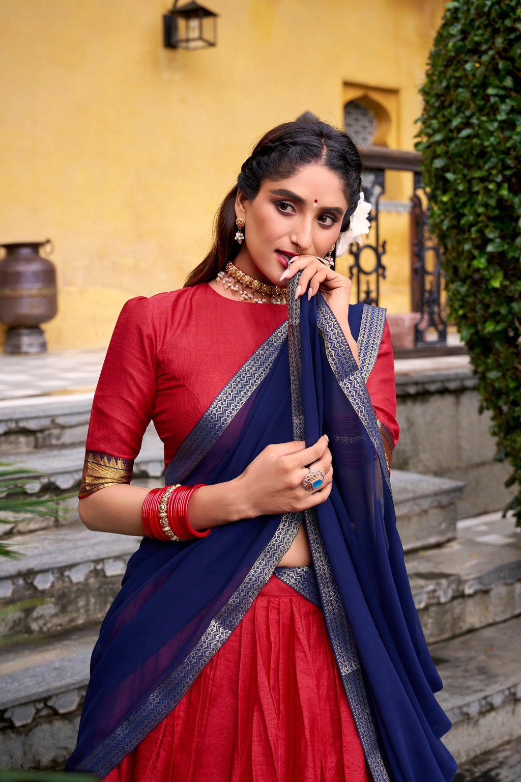 Red Poly Cotton Zari Weaving Work Lehenga Choli with Dupatta