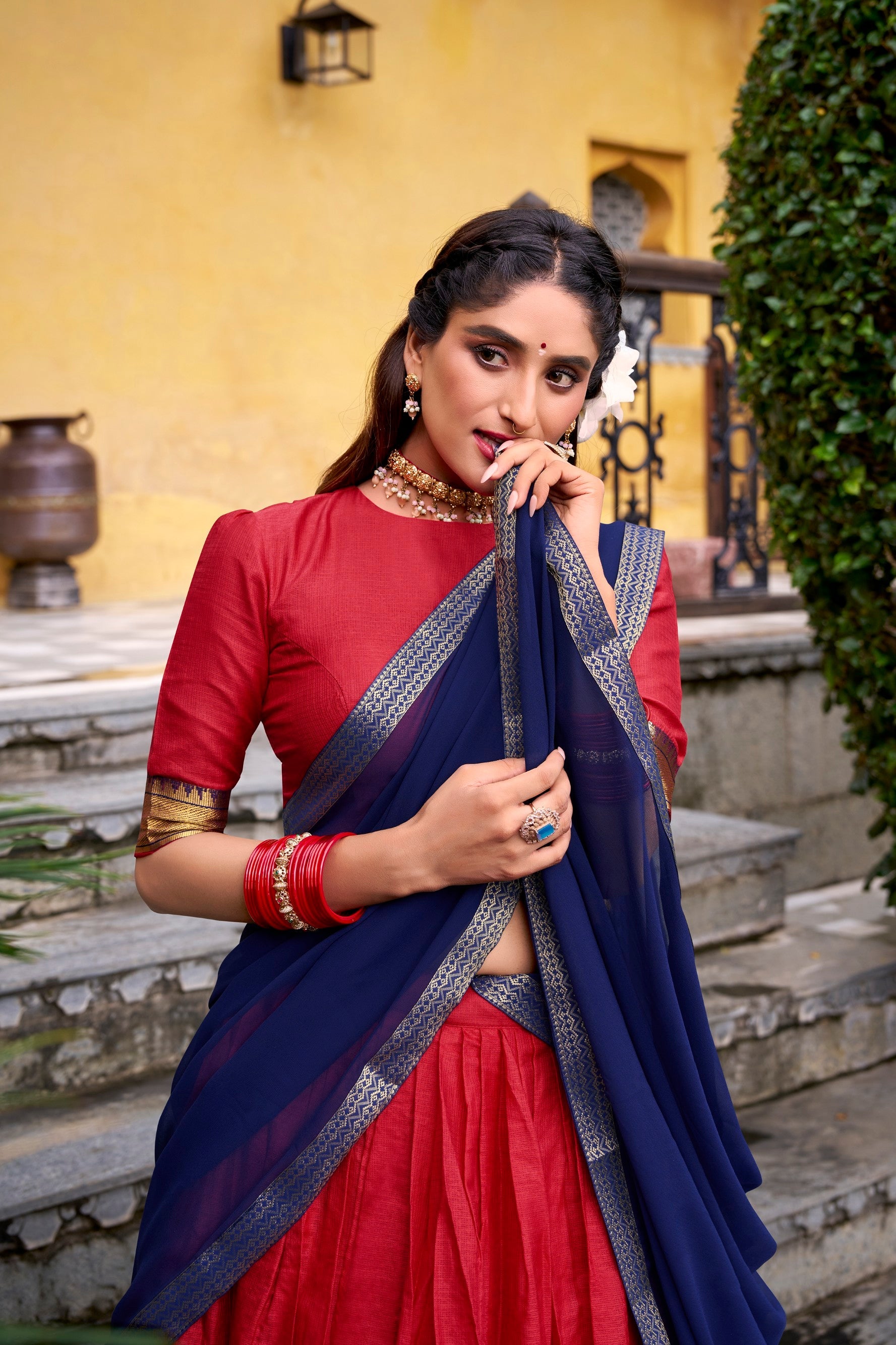 Red Poly Cotton Zari Weaving Work Lehenga Choli with Dupatta